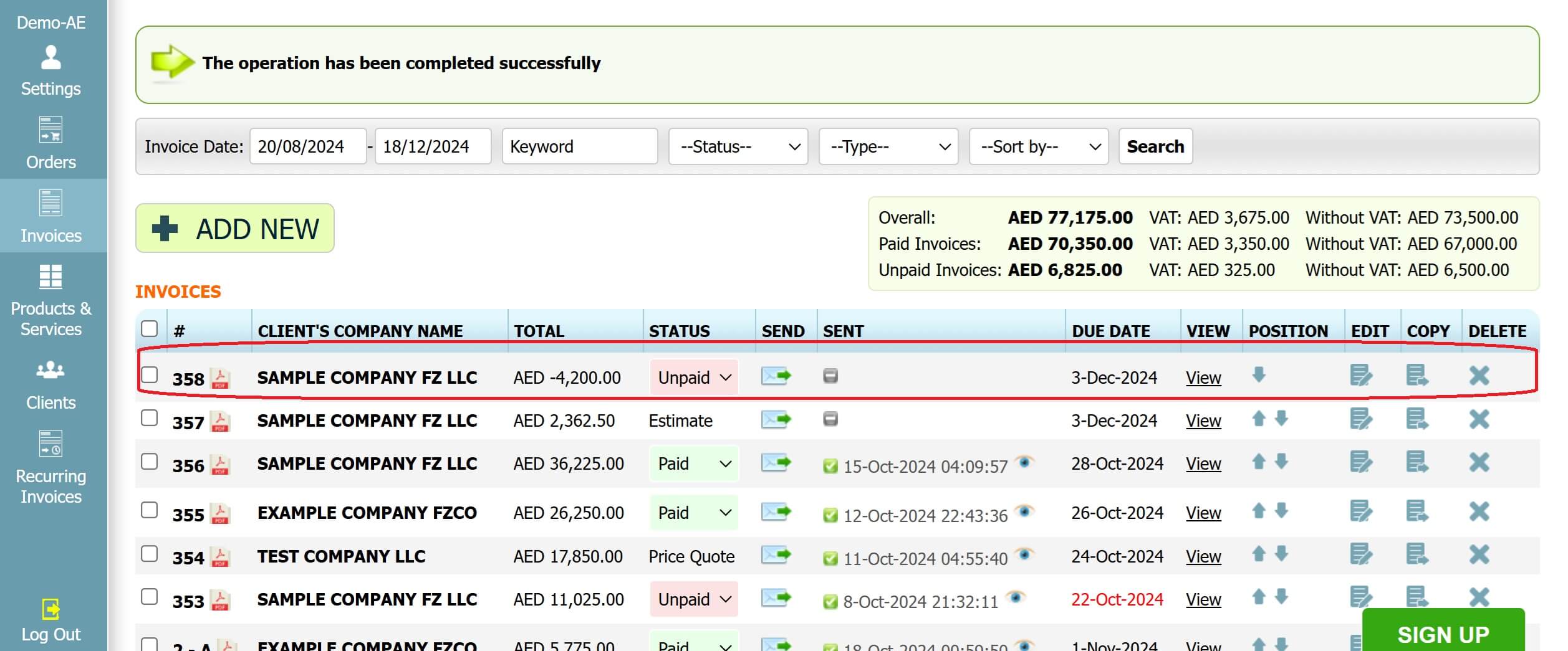 Step 3: How to create a credit note in INV24 UAE