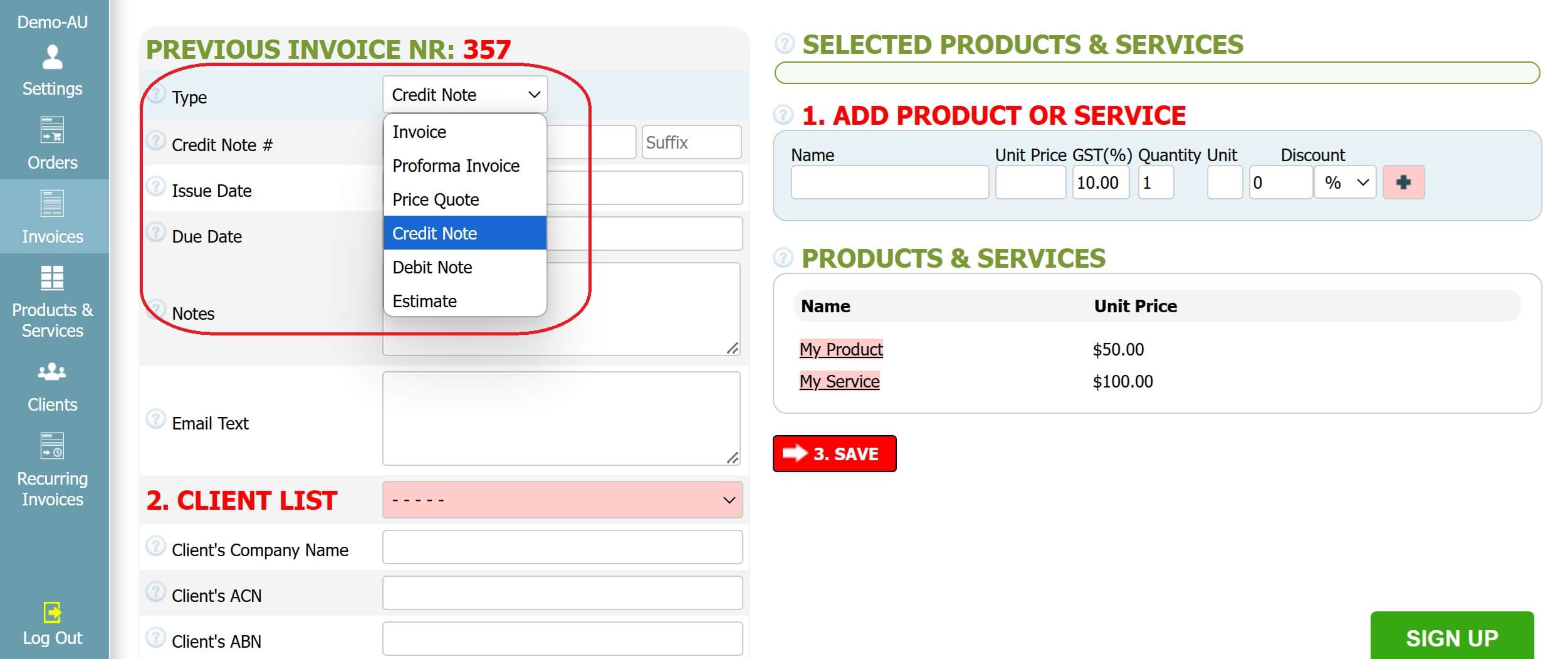 Step 2: How to create a credit note in INV24 Australia