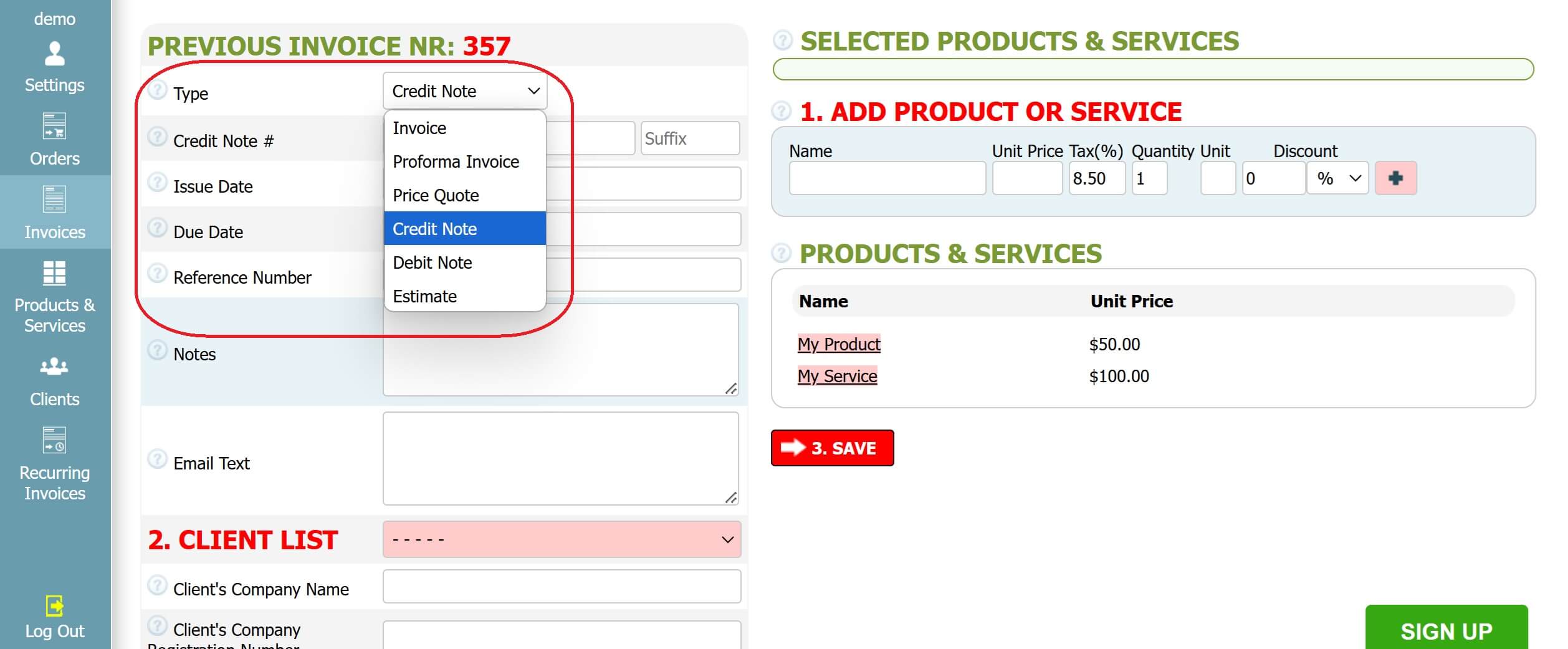 Step 2: How to create a credit note in INV24