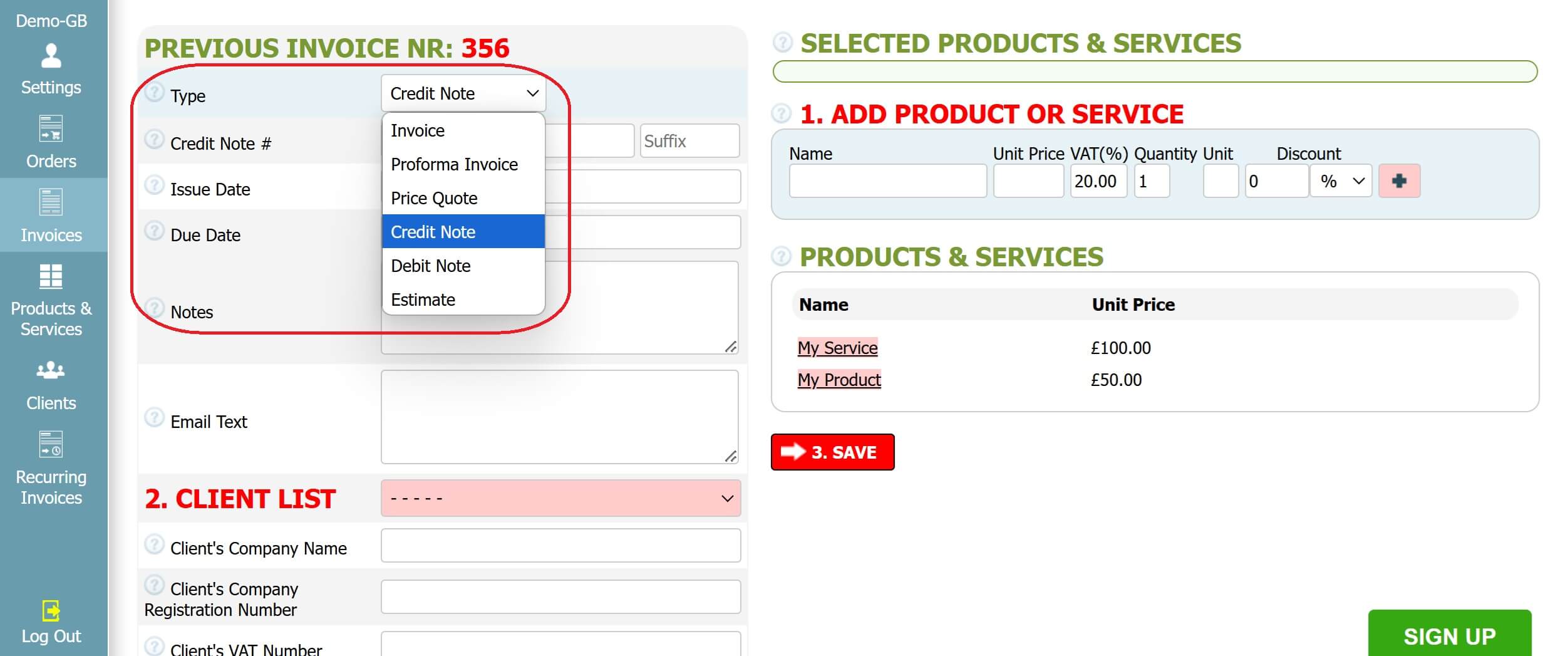 Step 2: How to create a credit note in INV24 UK