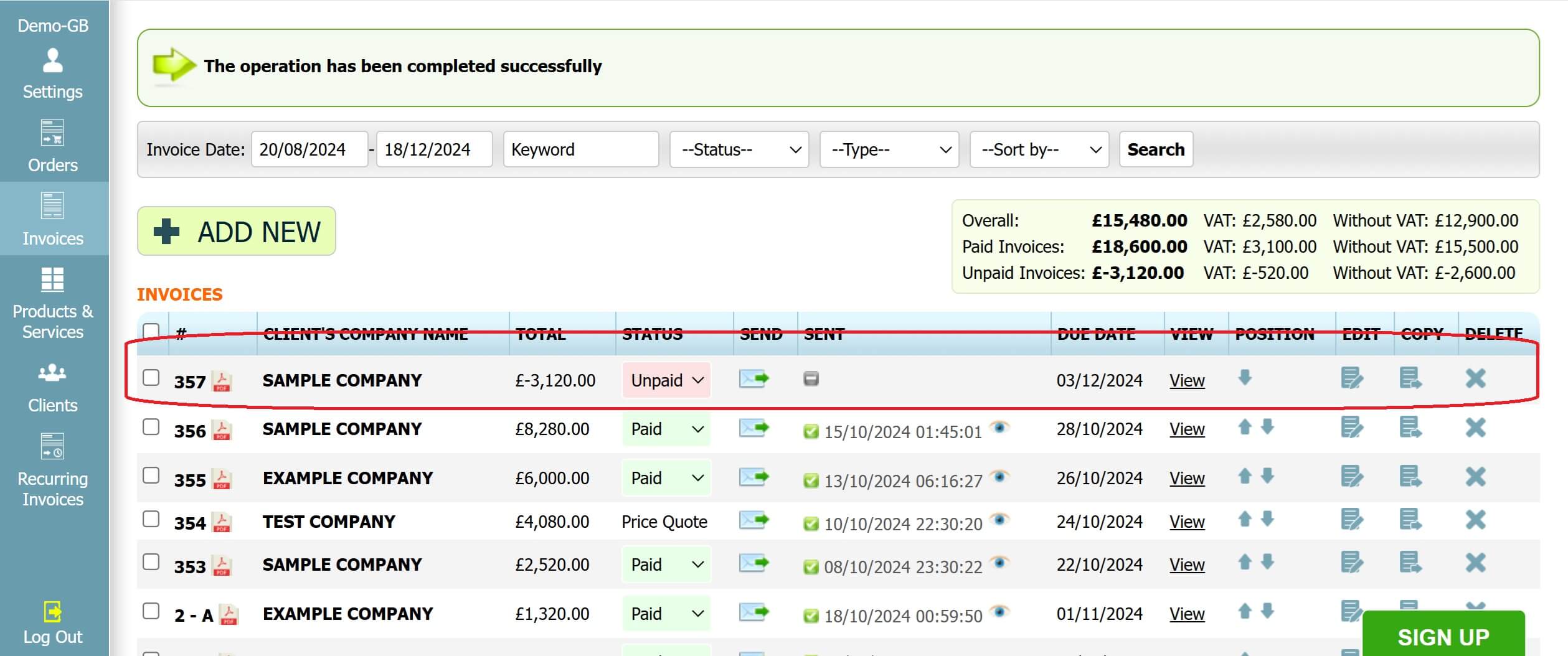 Step 3: How to create a credit note in INV24 UK