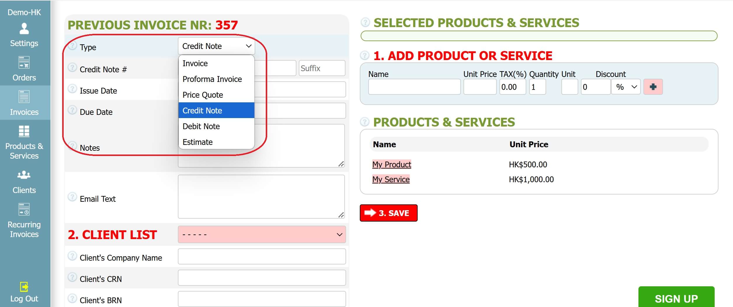 Step 2: How to create a credit note in INV24 Hong Kong