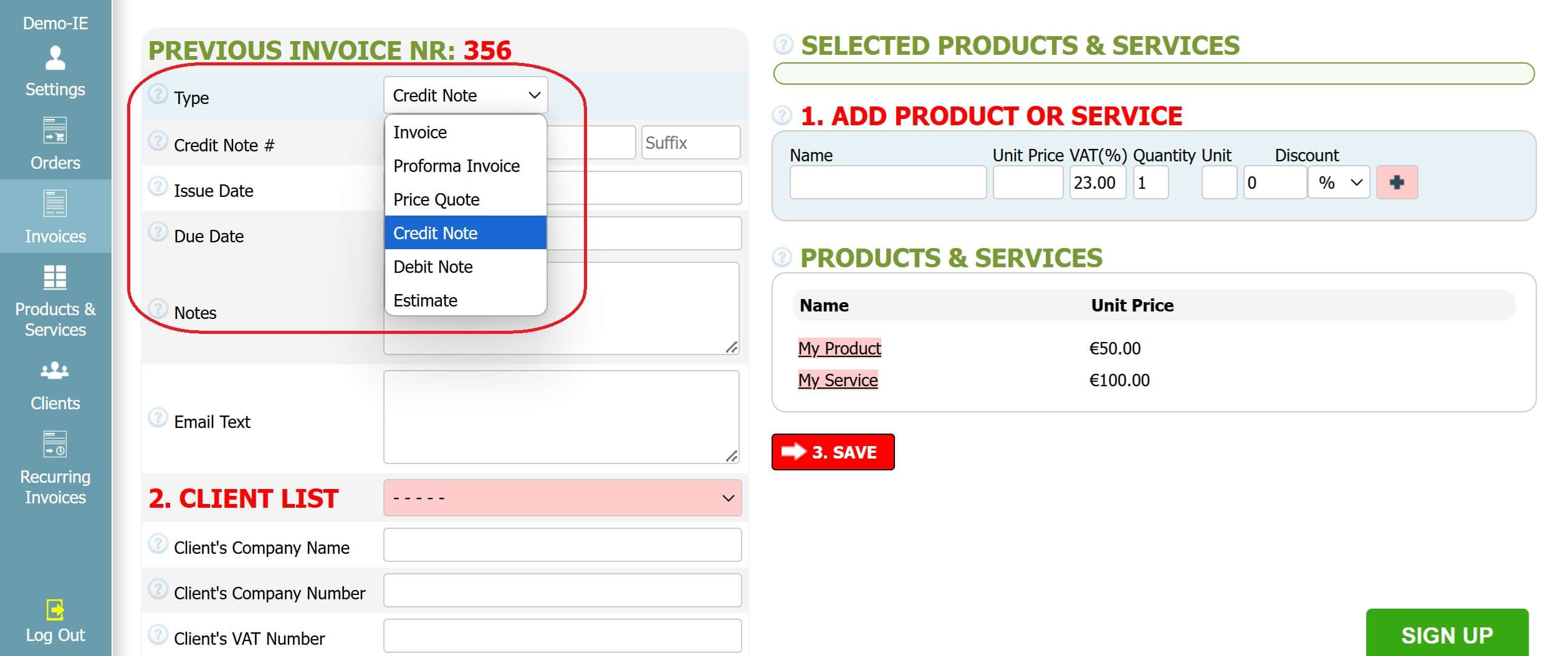 Step 2: How to create a credit note in INV24 Ireland