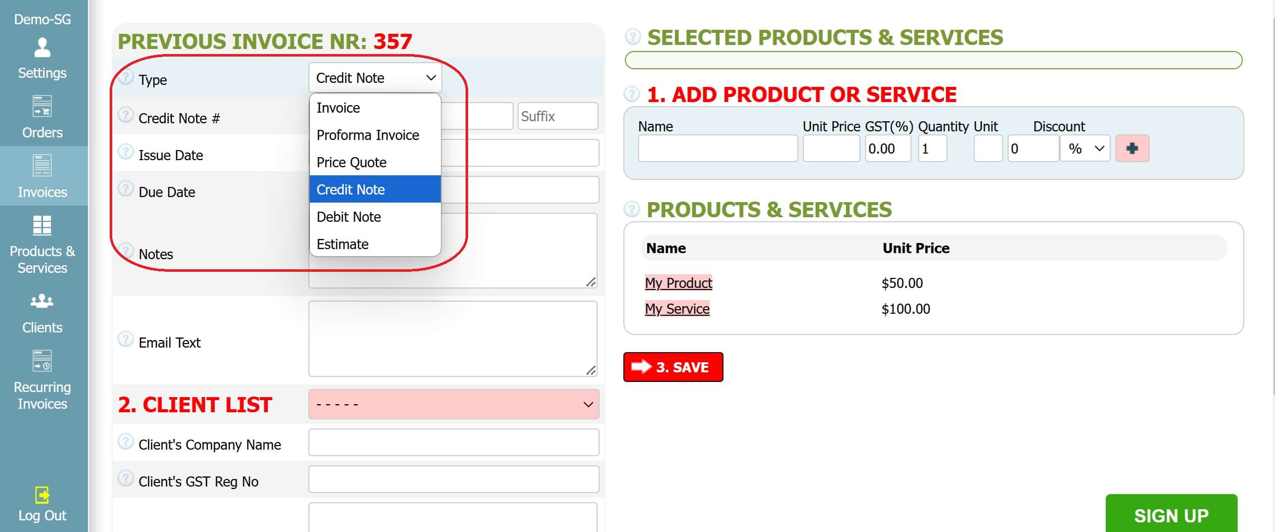 Step 2: How to create a credit note in INV24 Singapore