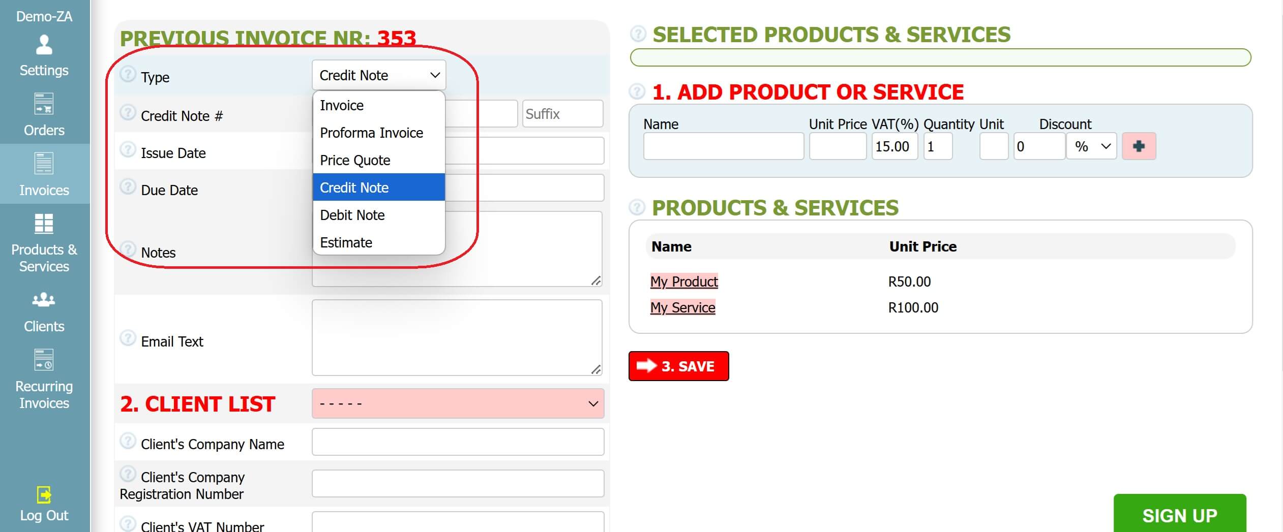 Step 2: How to create a credit note in INV24 South Africa