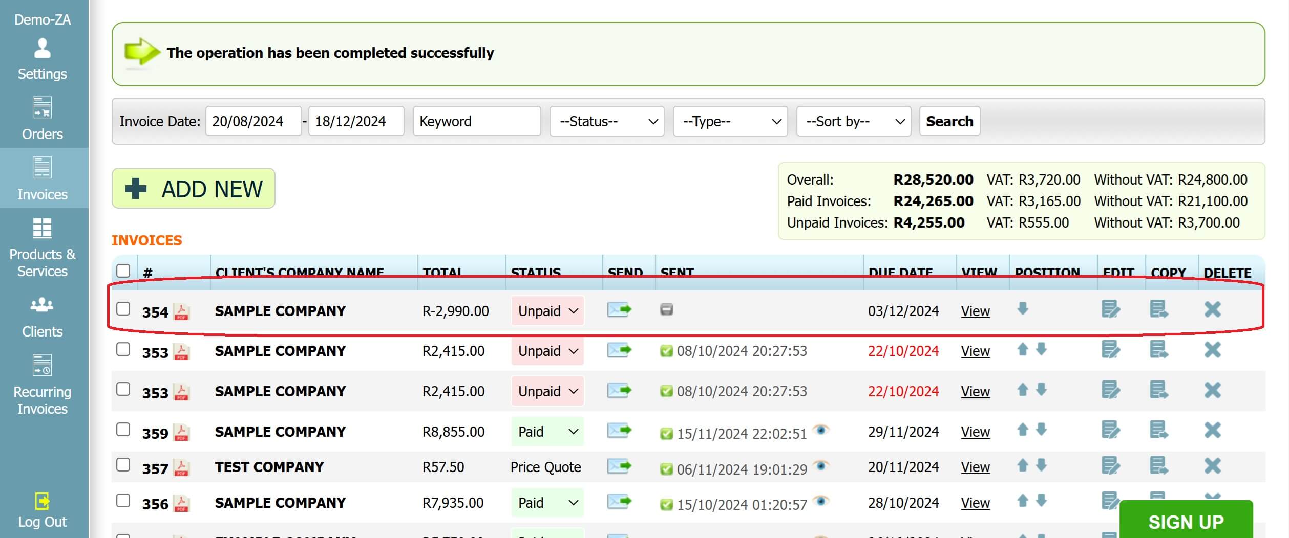 Step 3: How to create a credit note in INV24 South Africa