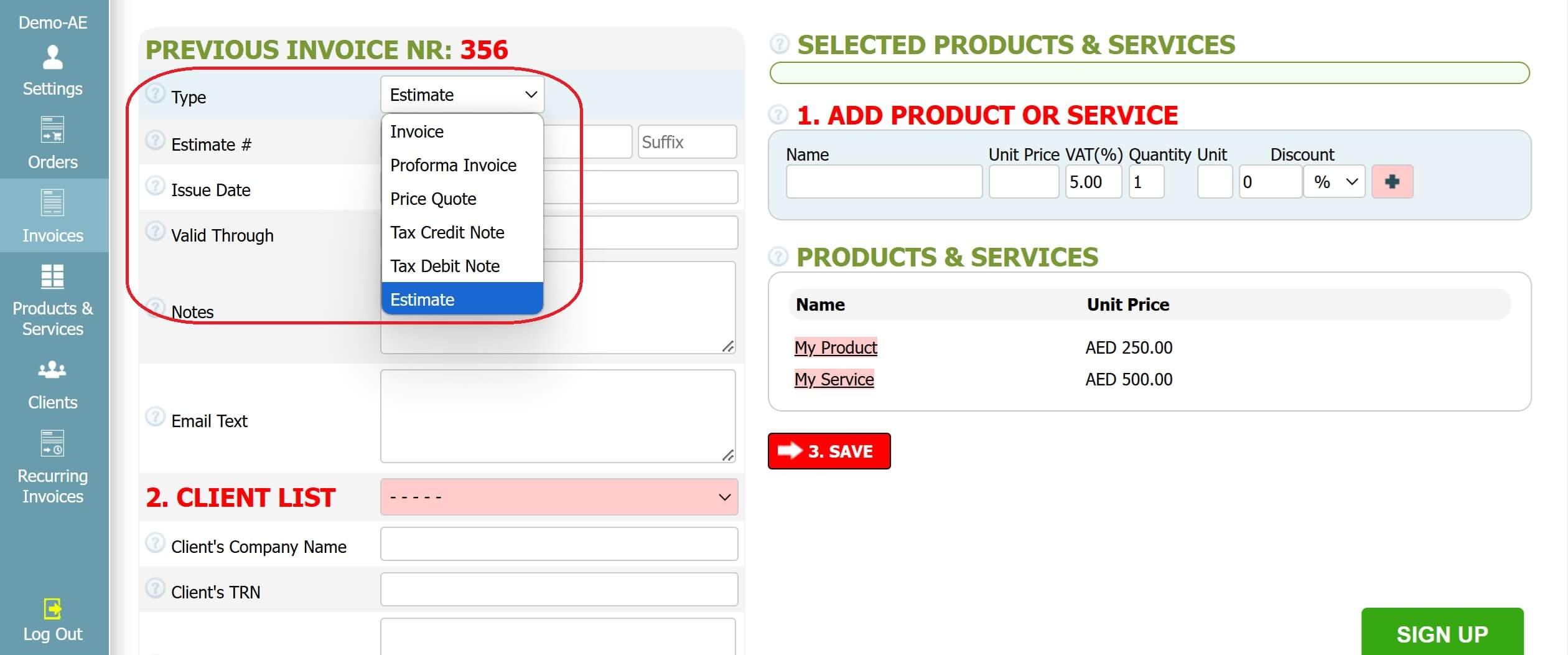 Step 2: How to create an estimate in INV24 UAE