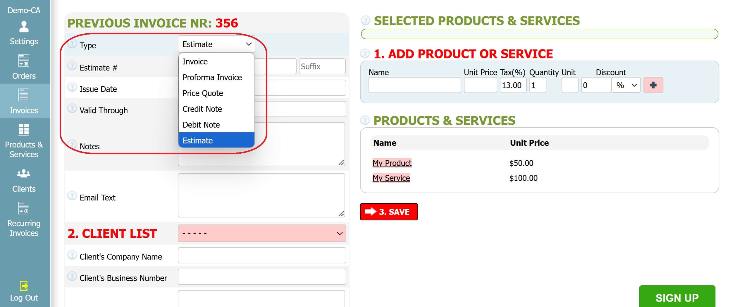 Step 2: How to create an estimate in INV24 Canada