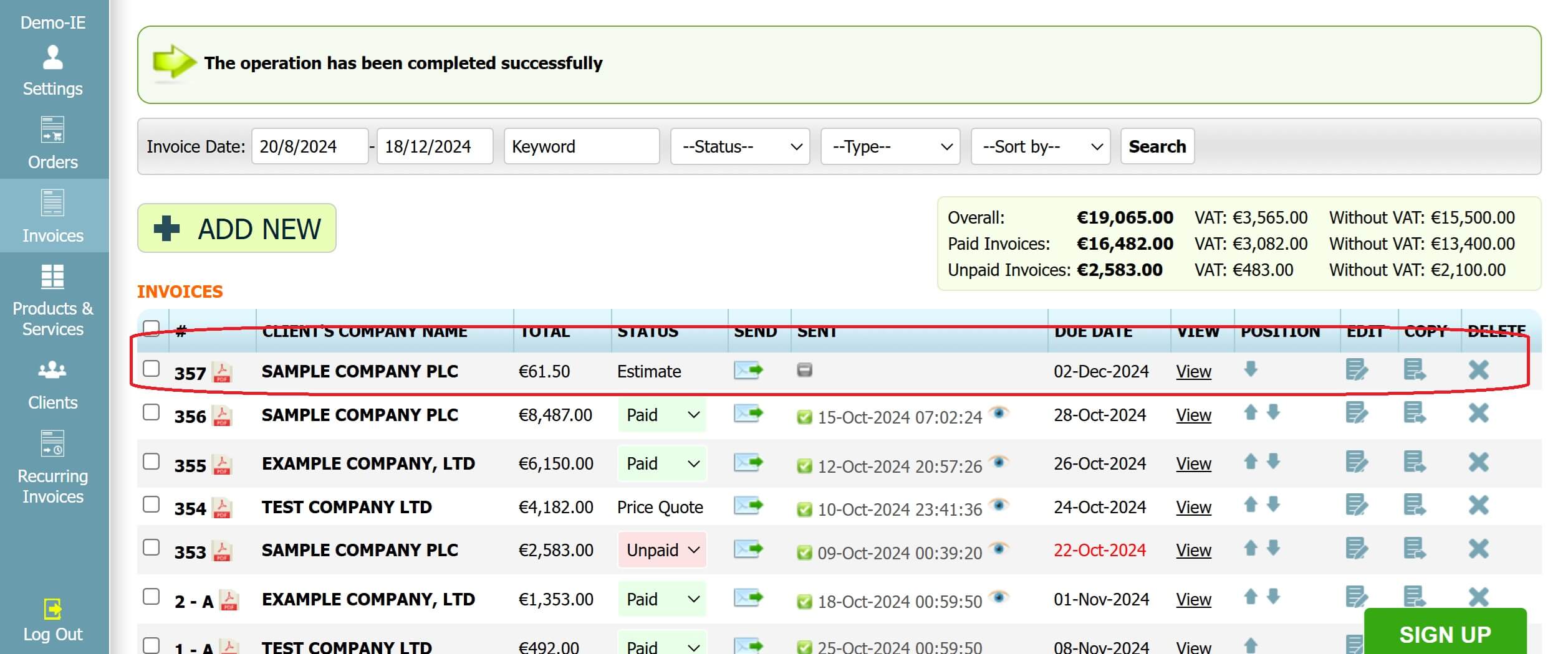 Step 3: How to create an estimate in INV24 Ireland