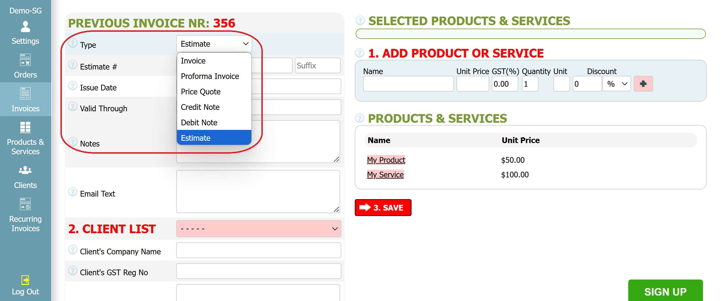 Step 2: How to create an estimate in INV24 Singapore