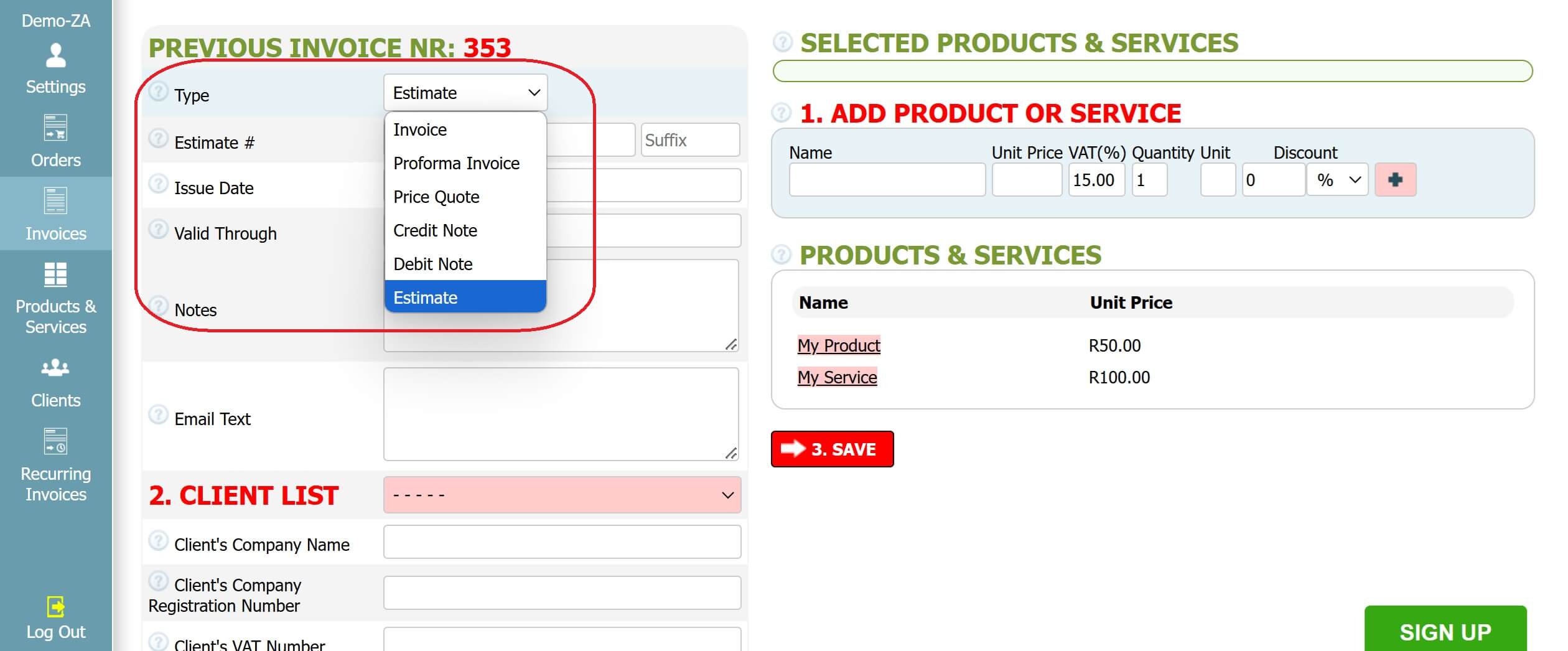 Step 2: How to create an estimate in INV24 South Africa