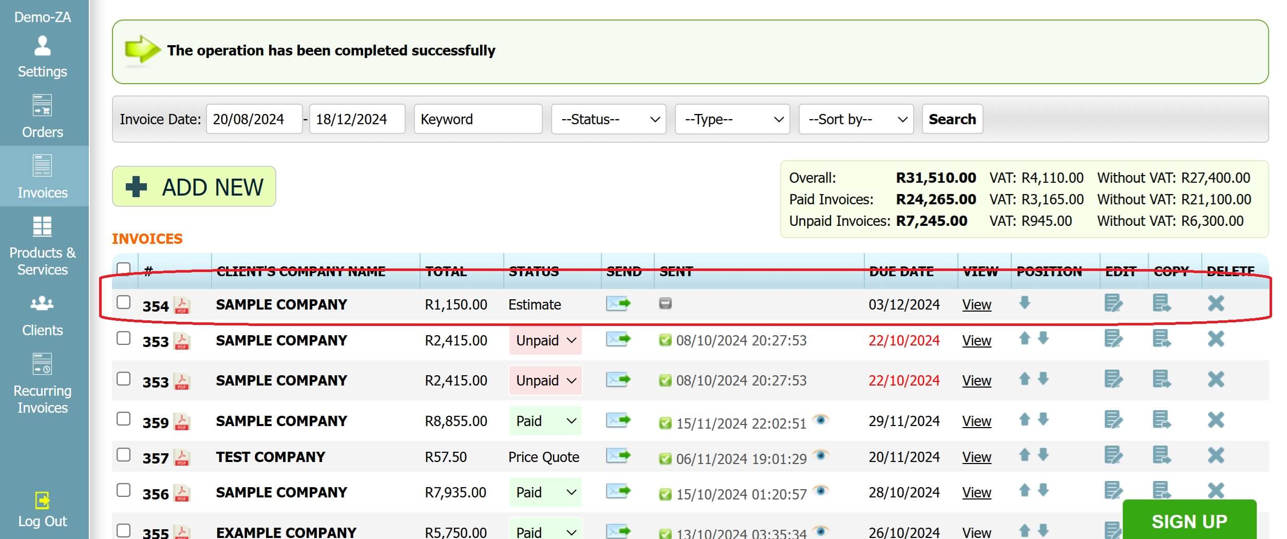Step 3: How to create an estimate in INV24 South Africa