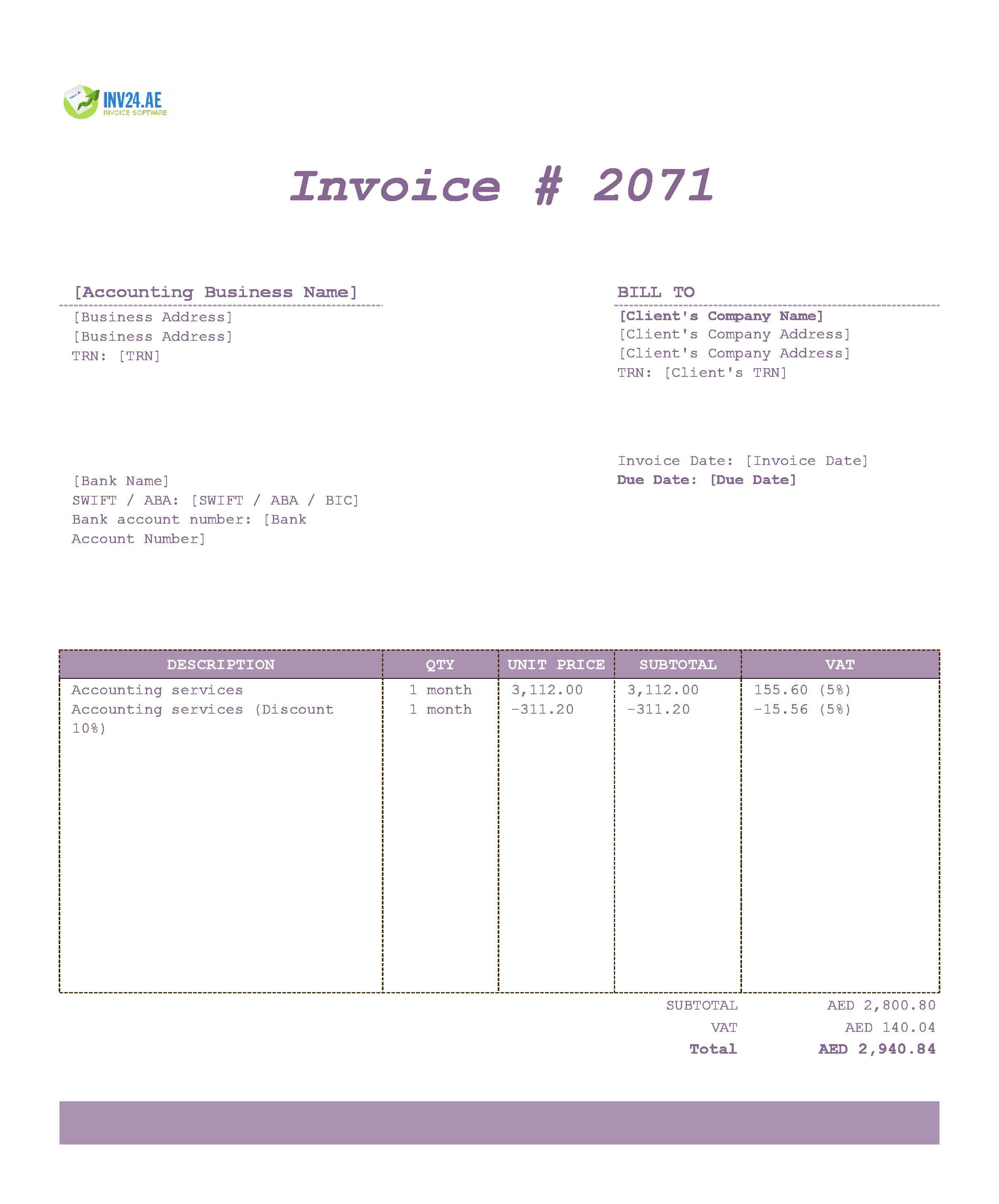 Accounting Invoice Template for UAE (Excel / Google Sheets)