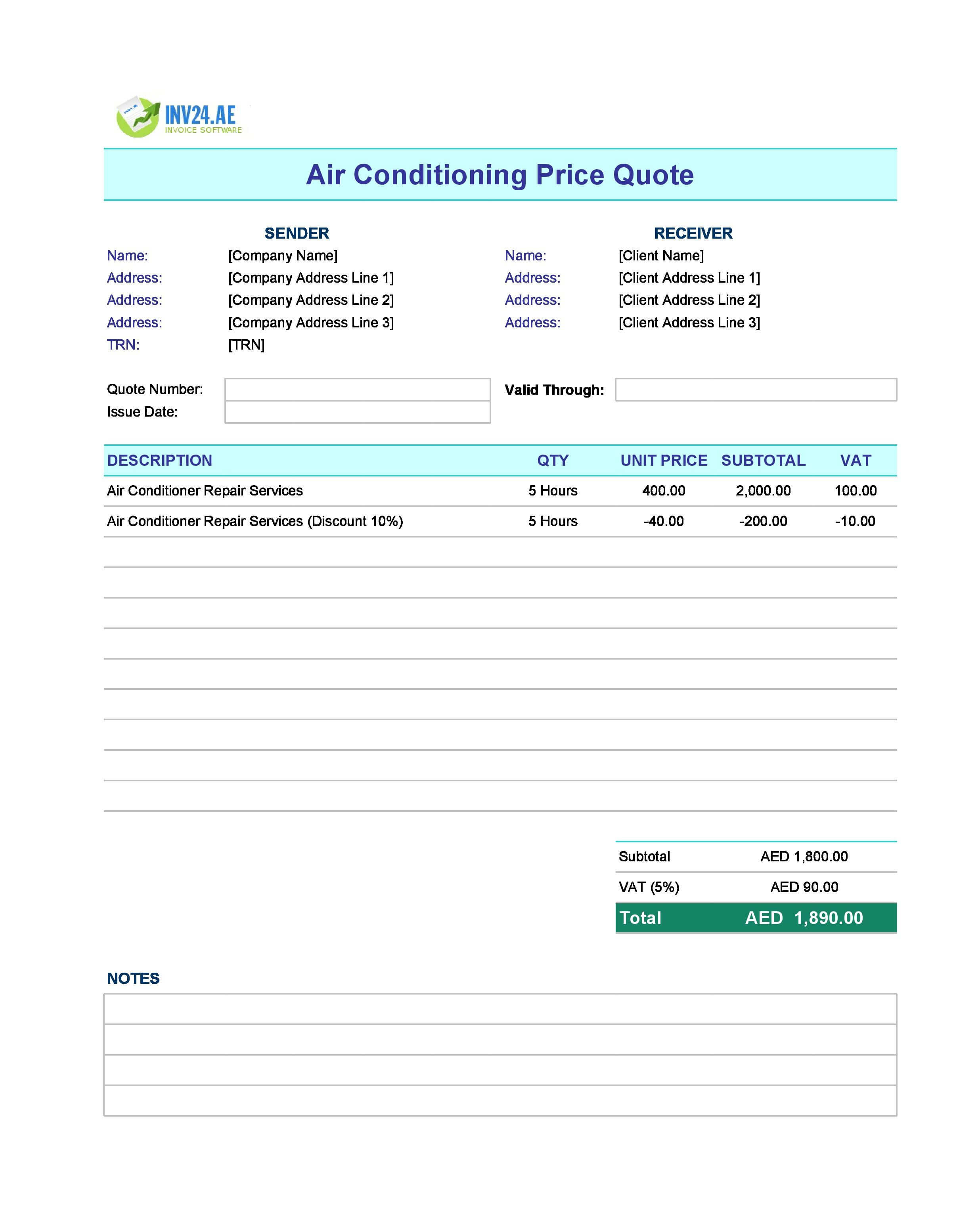 Air Conditioning Quote Template for UAE (Excel / Google Sheets)