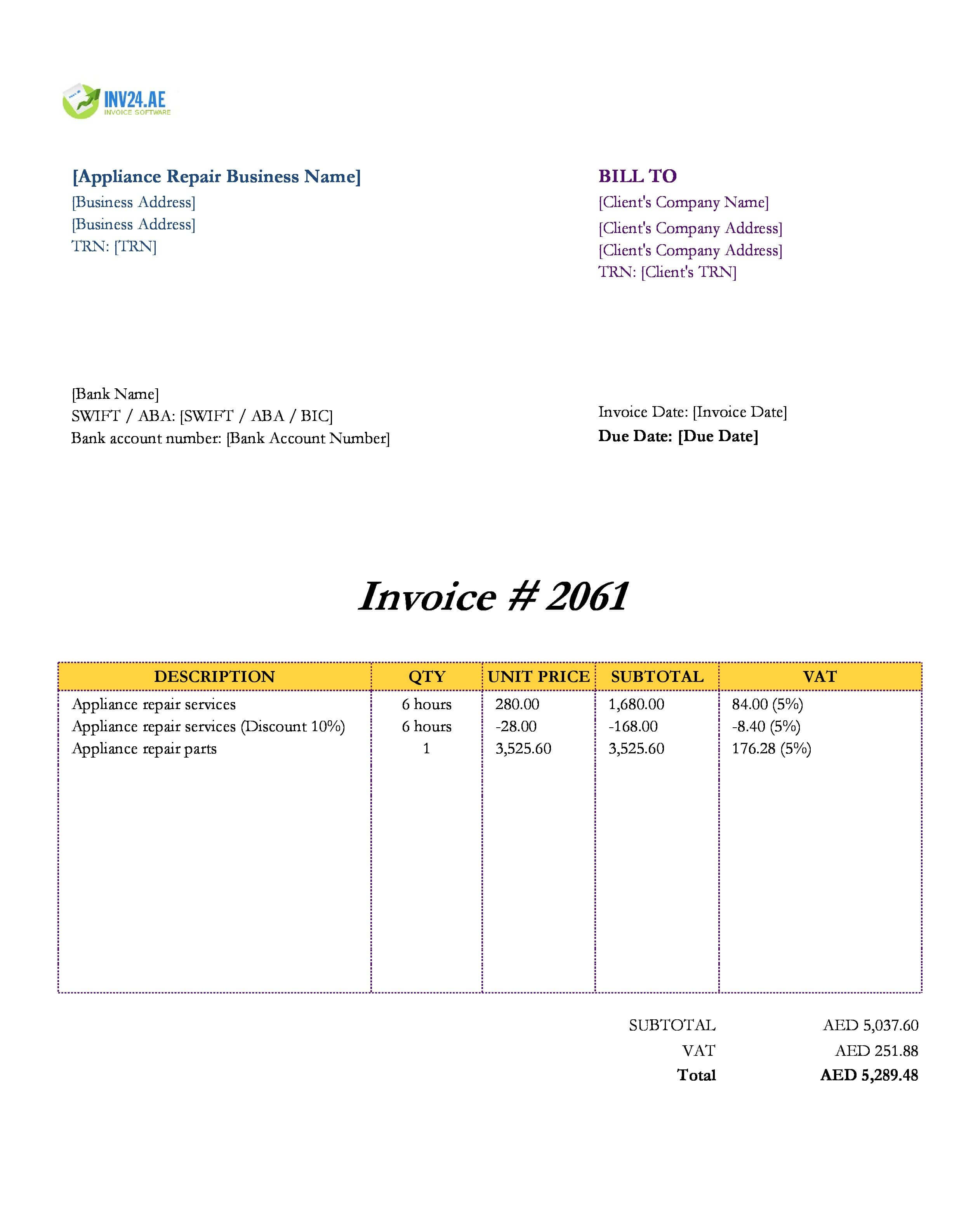 Appliance Repair Invoice Template for UAE (Excel / Google Sheets) Appliance Repair Invoice Template for UAE (Excel / Google Sheets)