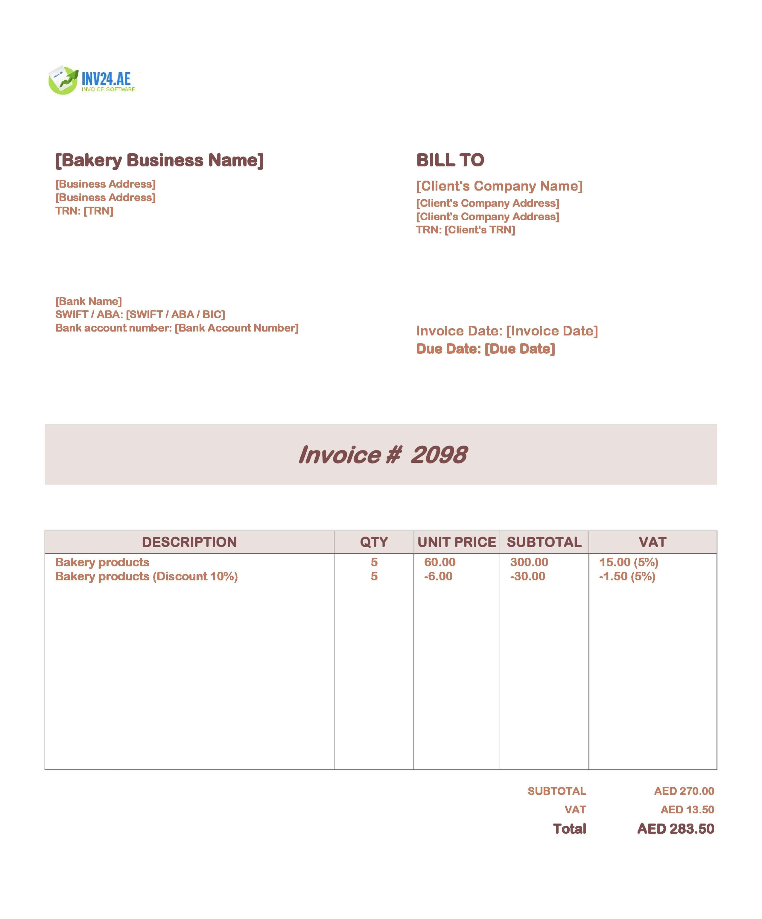 Bakery Invoice Template for UAE (Excel / Google Sheets)