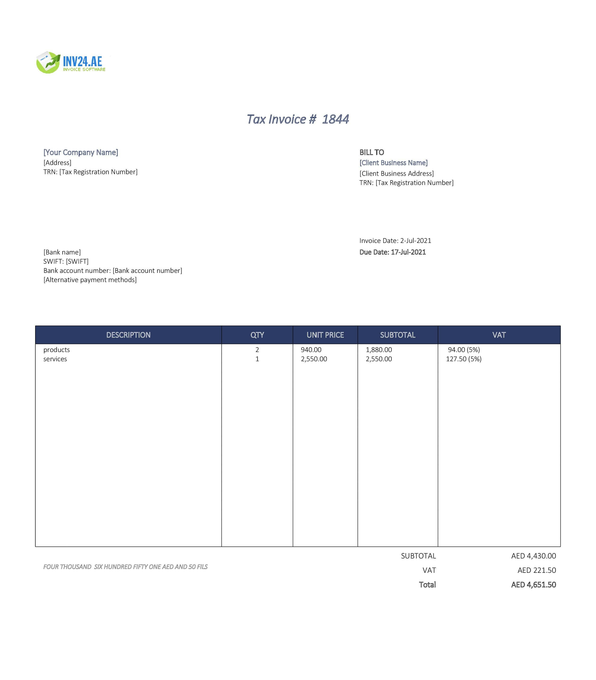 basic invoice template uae