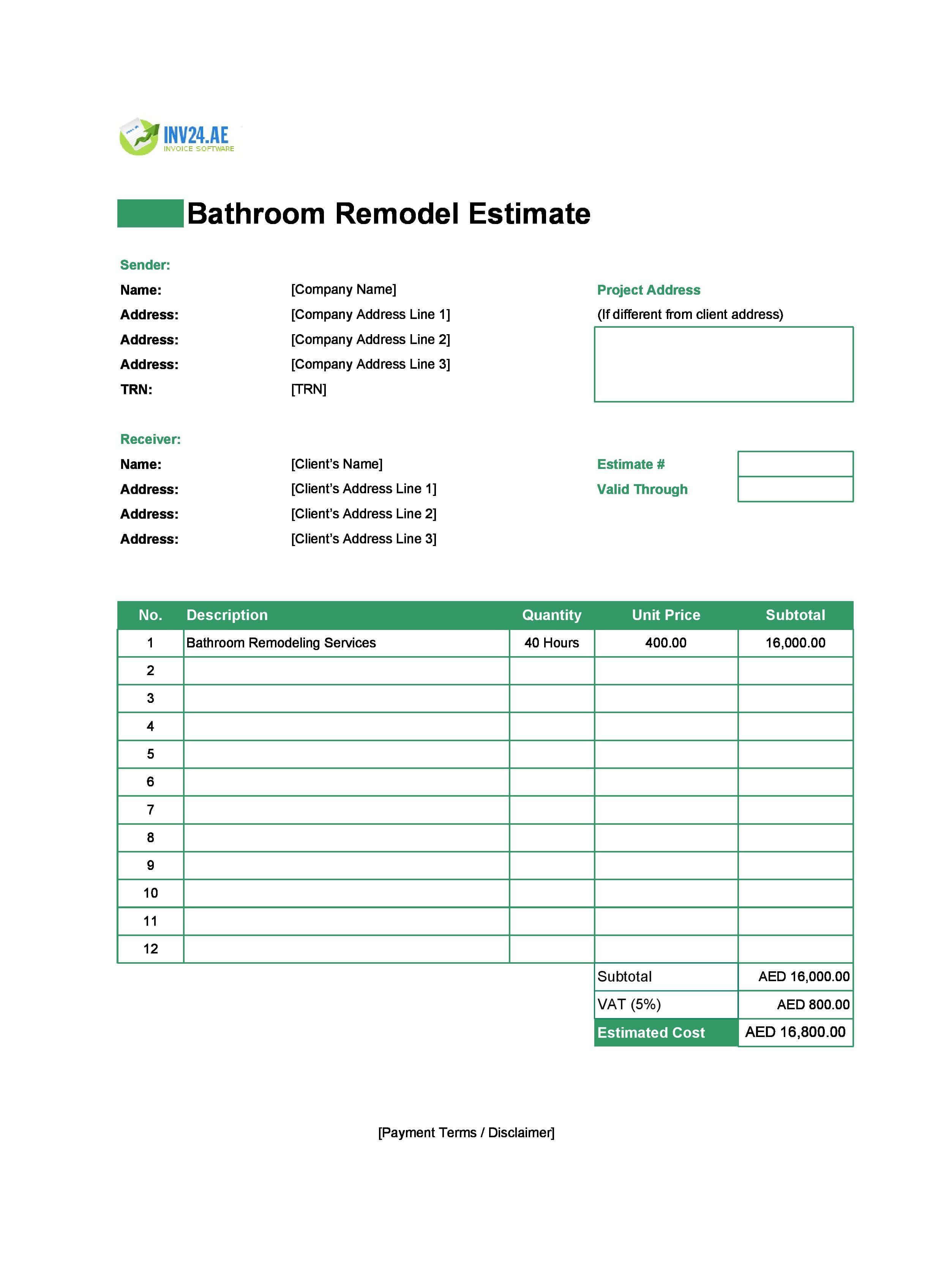 Bathroom Remodel Estimate Template for UAE (Excel / Google Sheets)