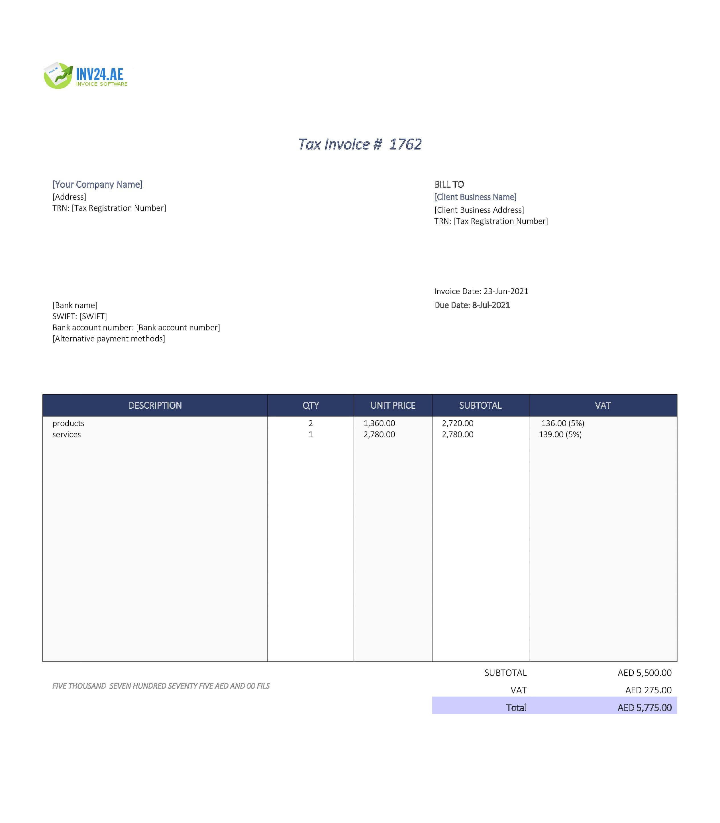 blank invoice template uae