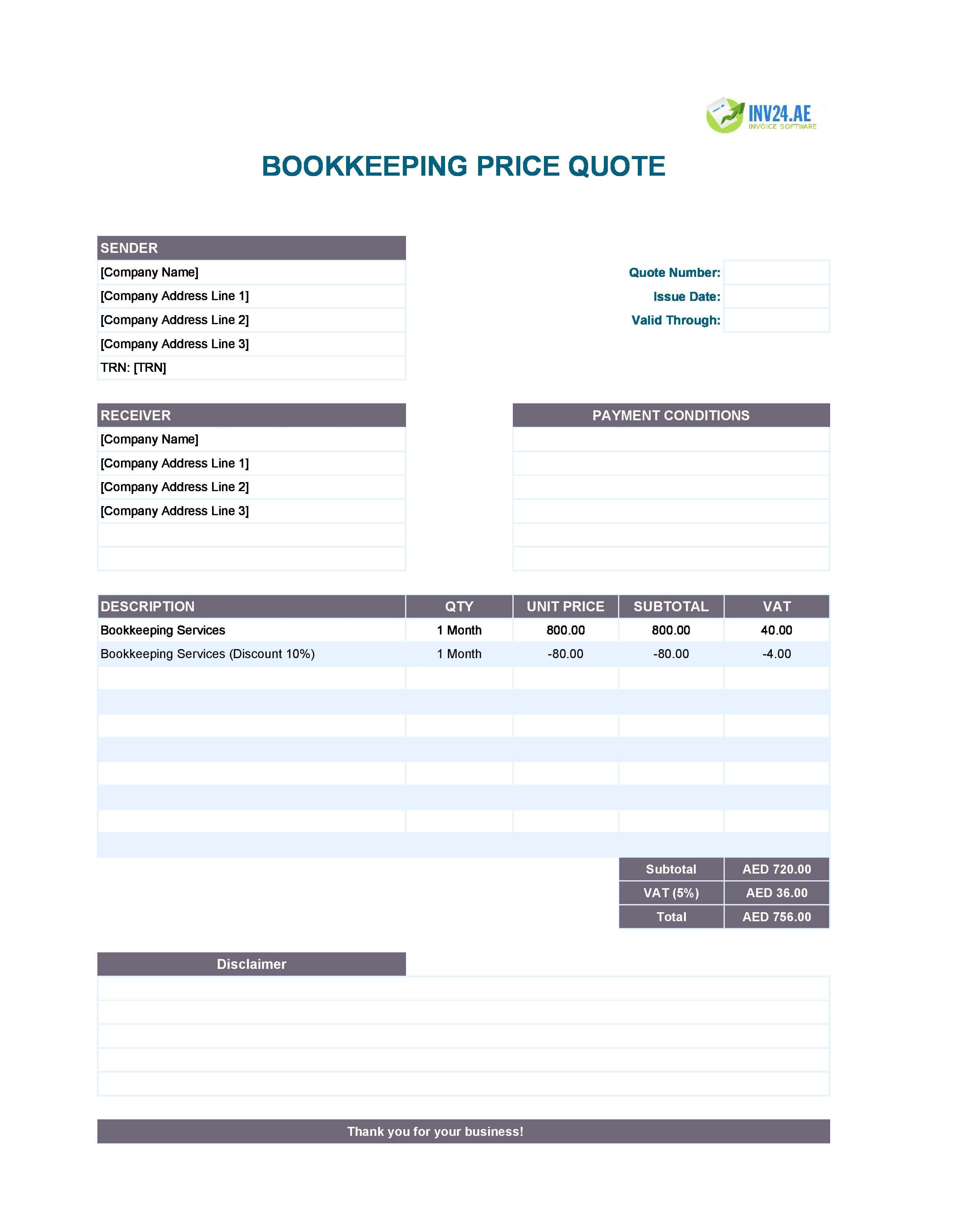 Bookkeeping Quote Template for UAE (Excel / Google Sheets)