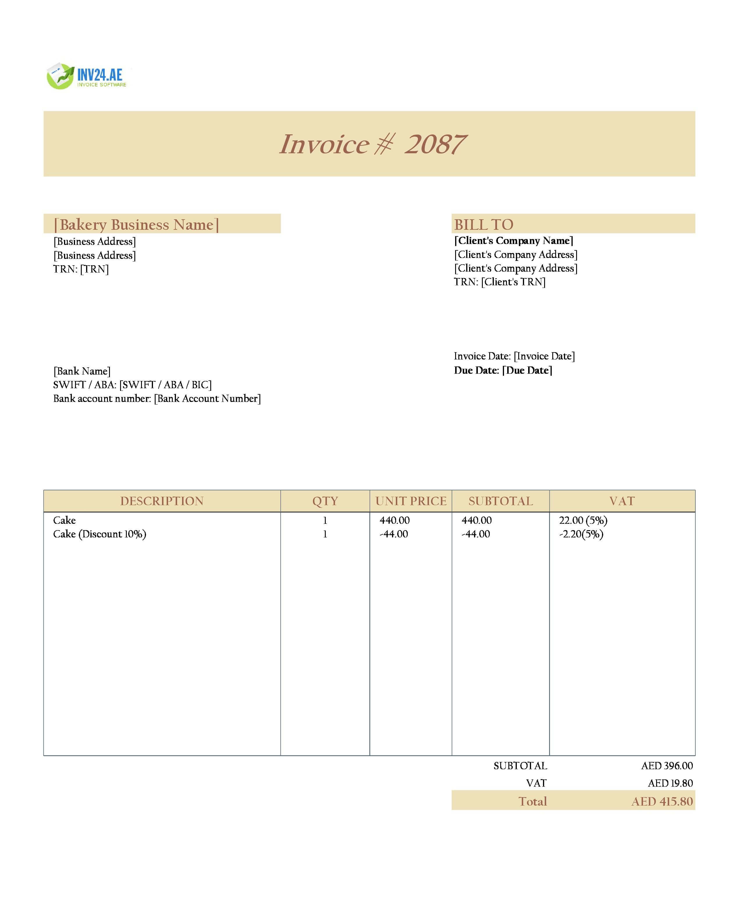 Cake Invoice Template for UAE (Excel / Google Sheets)