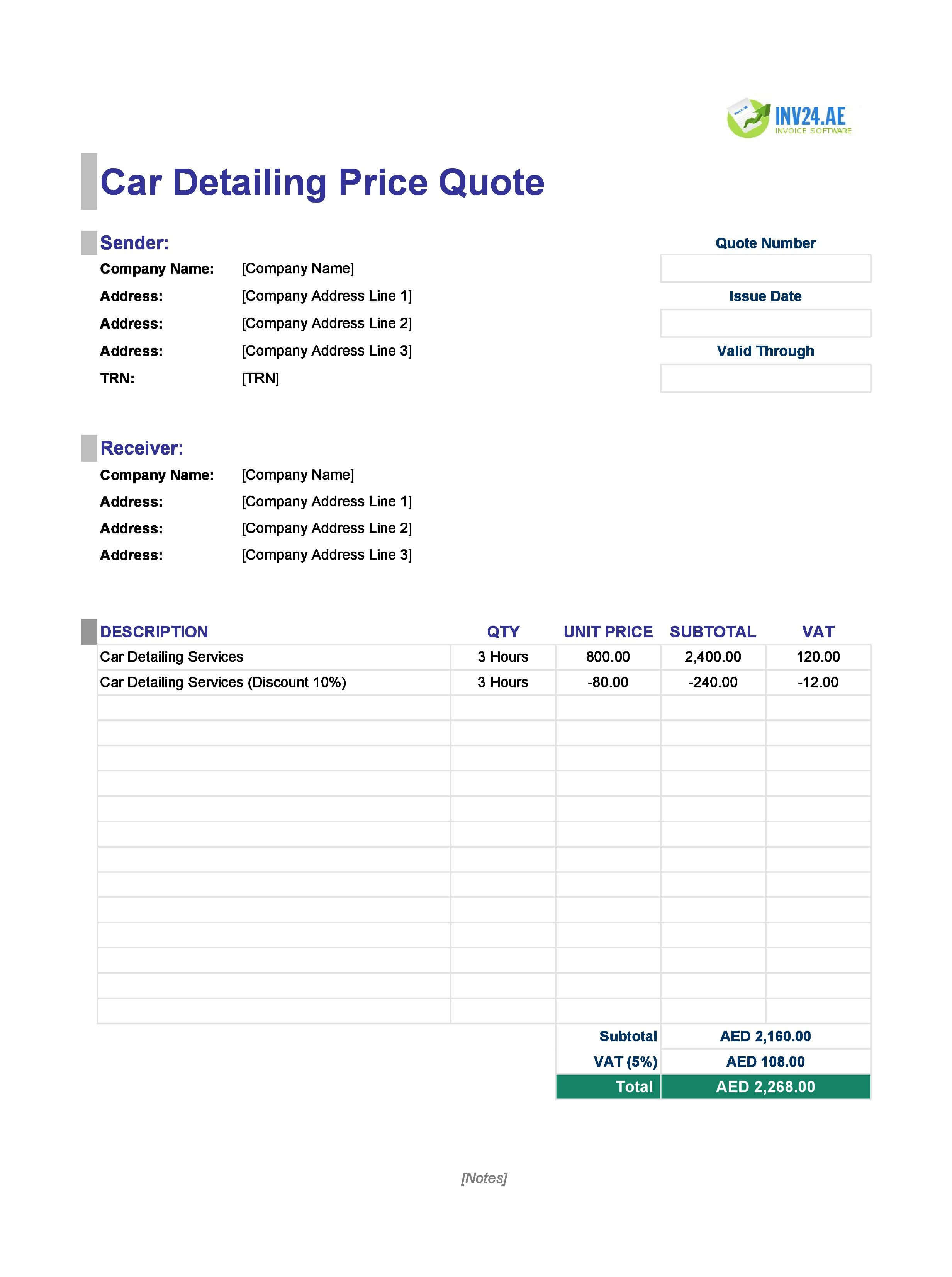 Car Detailing Quote Template for UAE (Excel / Google Sheets)