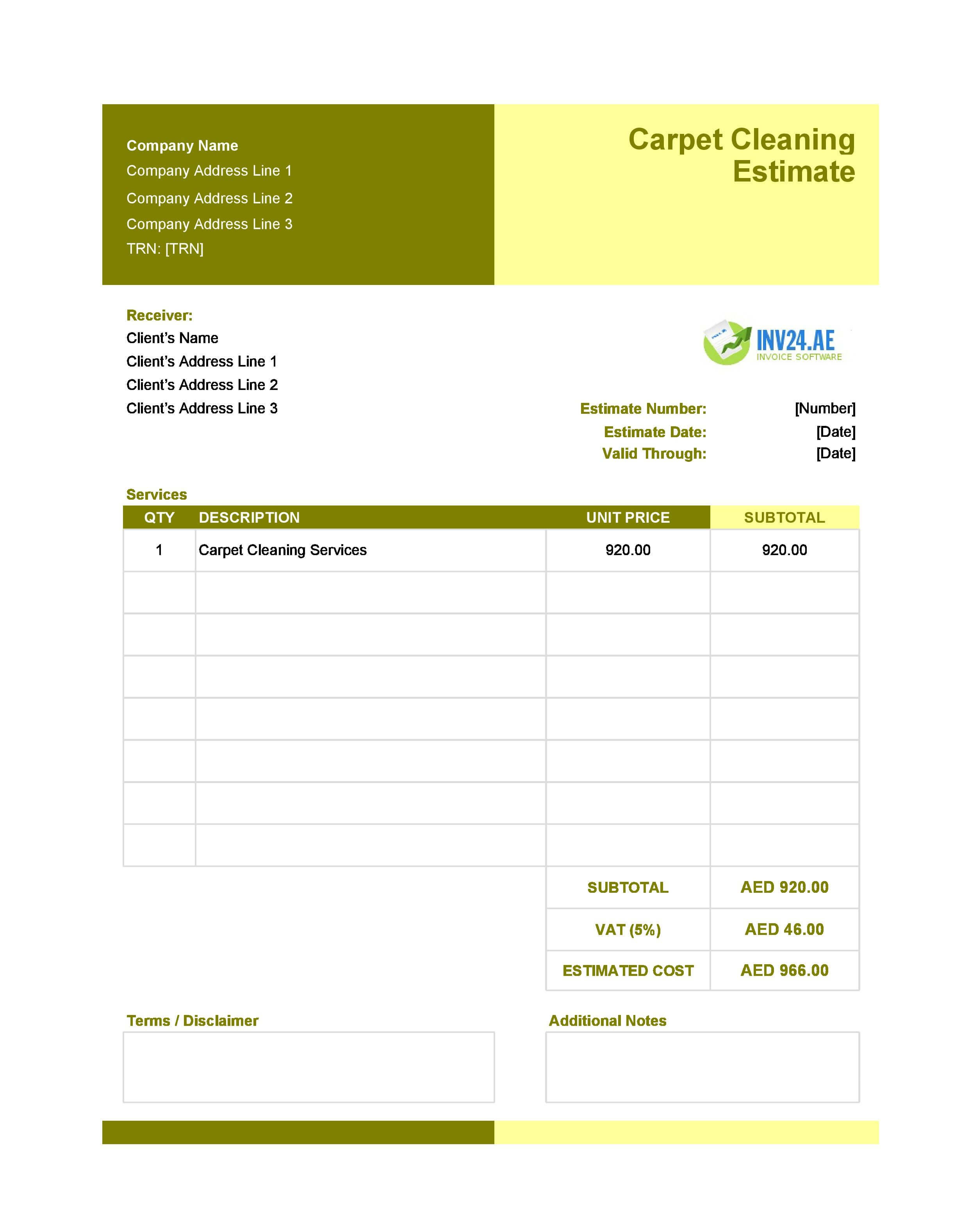 Carpet Cleaning Estimate Template for UAE (Excel / Google Sheets)