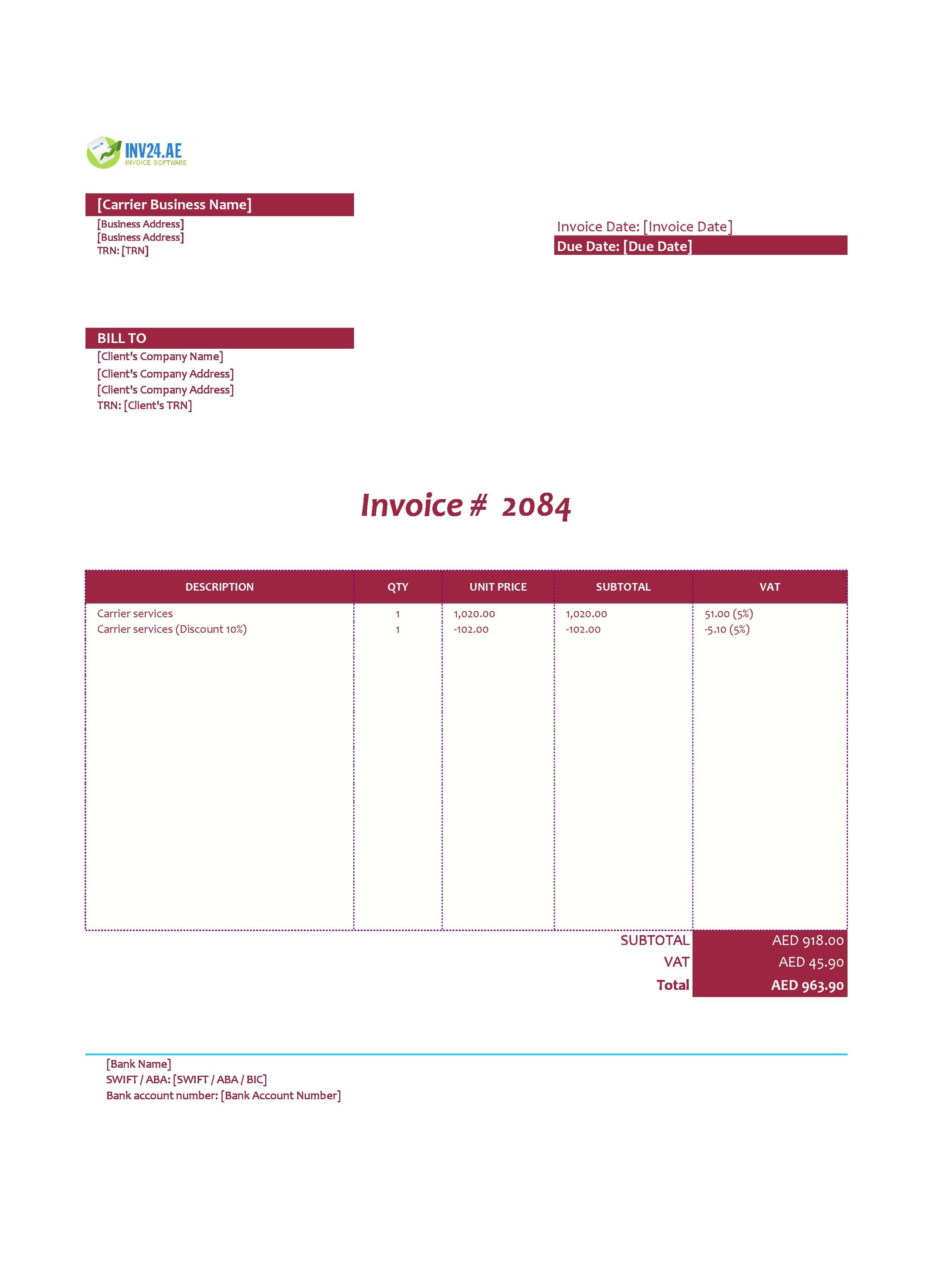 Carrier Invoice Template for UAE (Excel / Google Sheets)