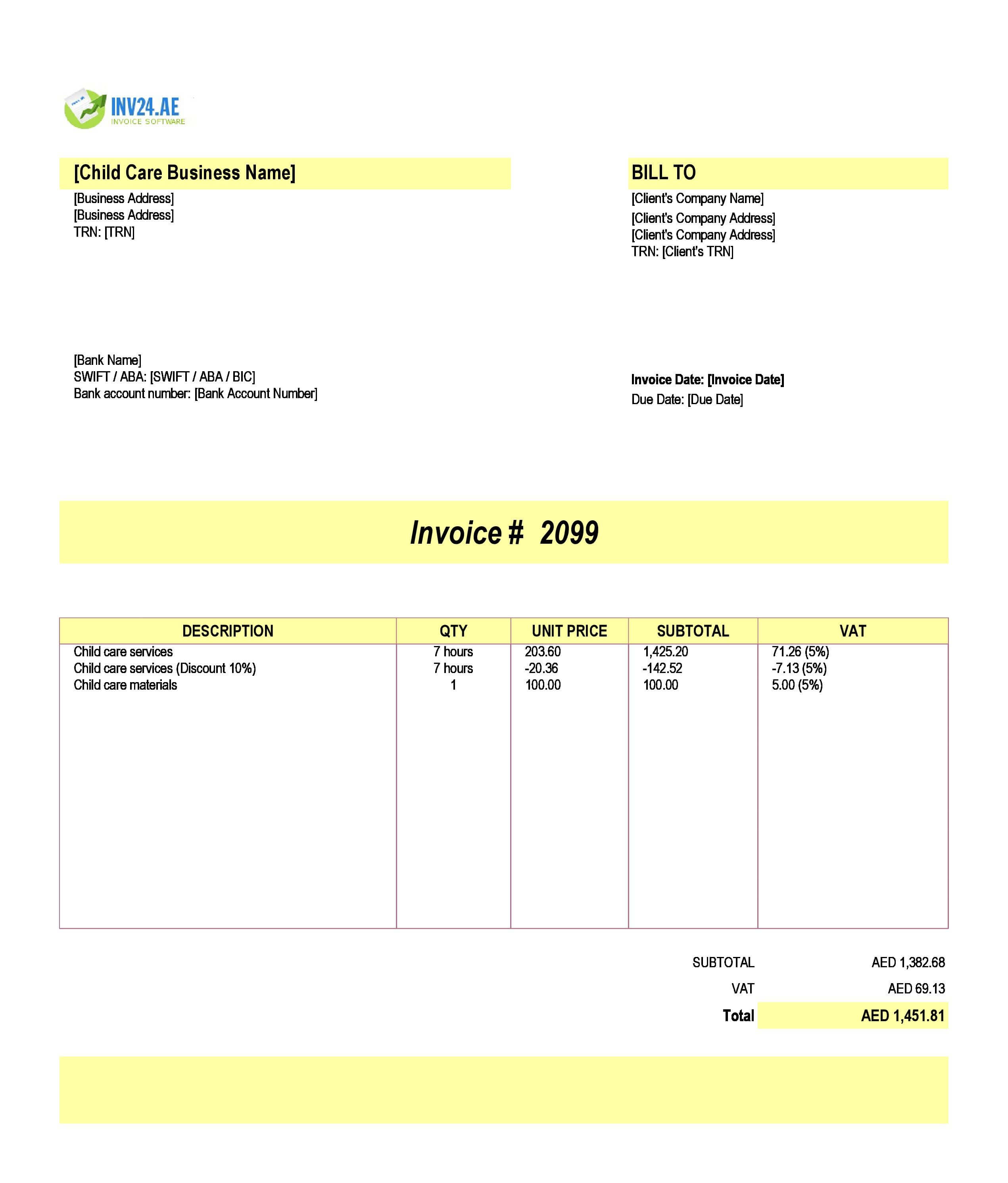 Child Care Invoice Template for UAE (Excel / Google Sheets)