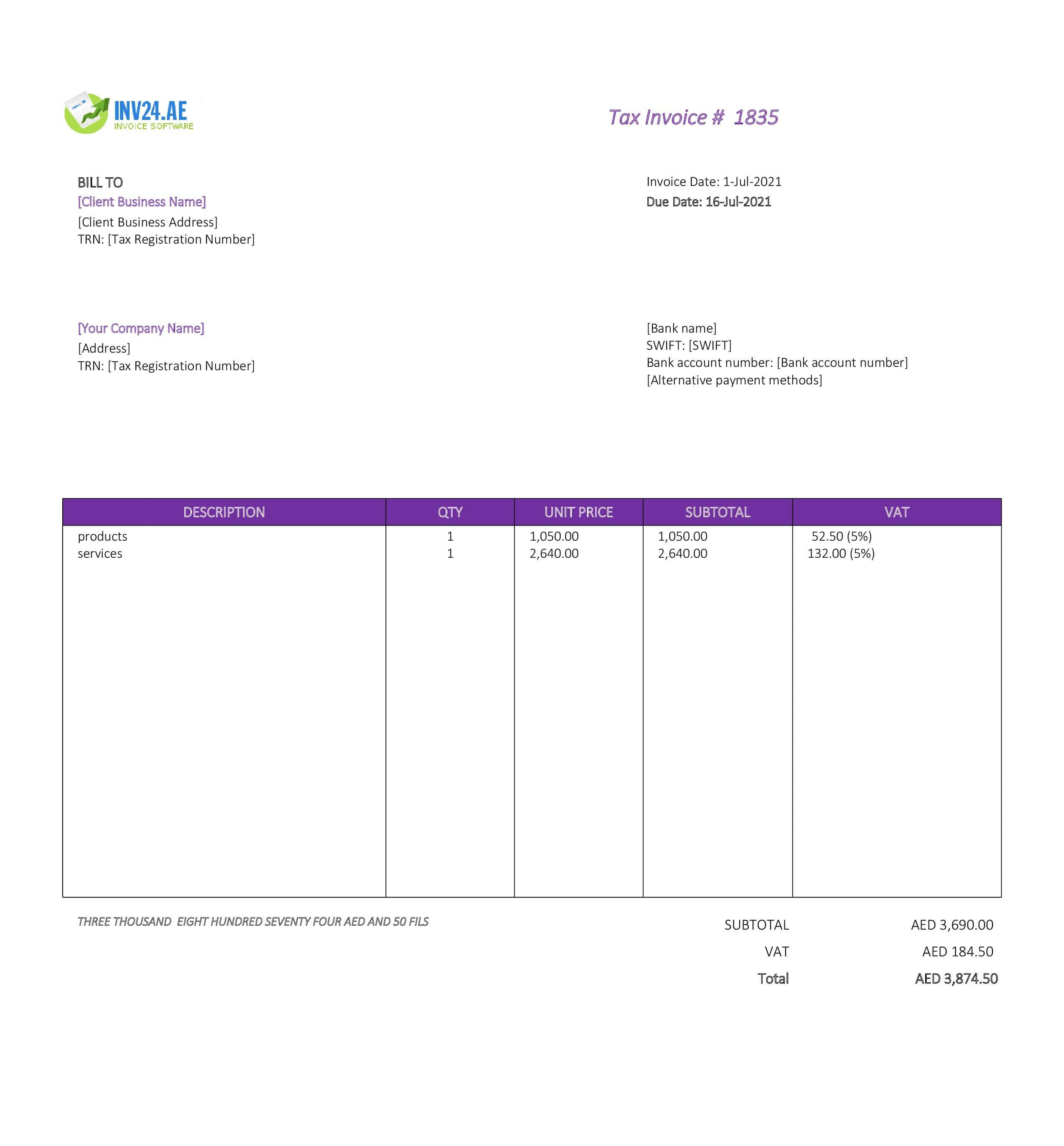 company invoice format uae