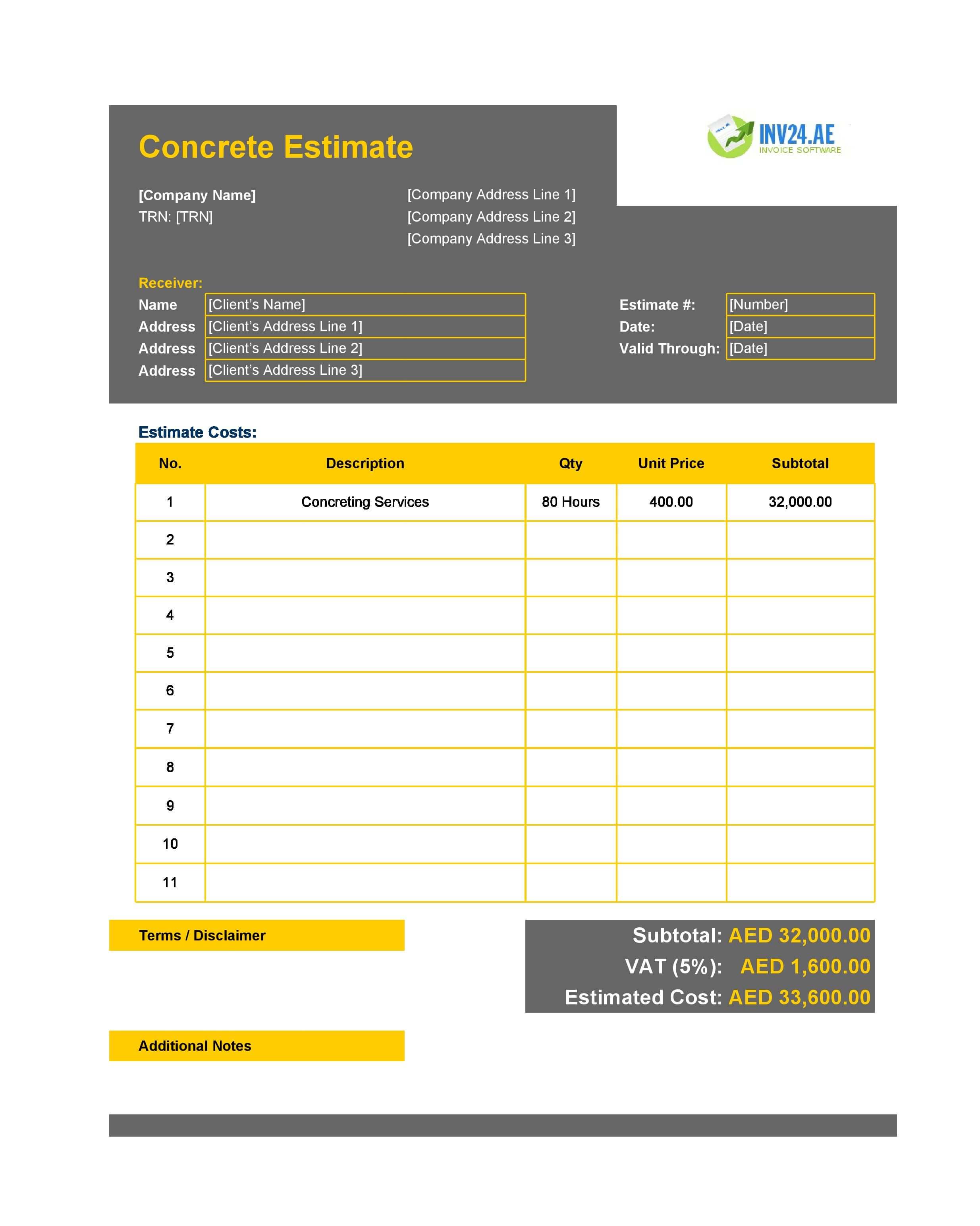 Concrete Estimate Template for UAE (Excel / Google Sheets)