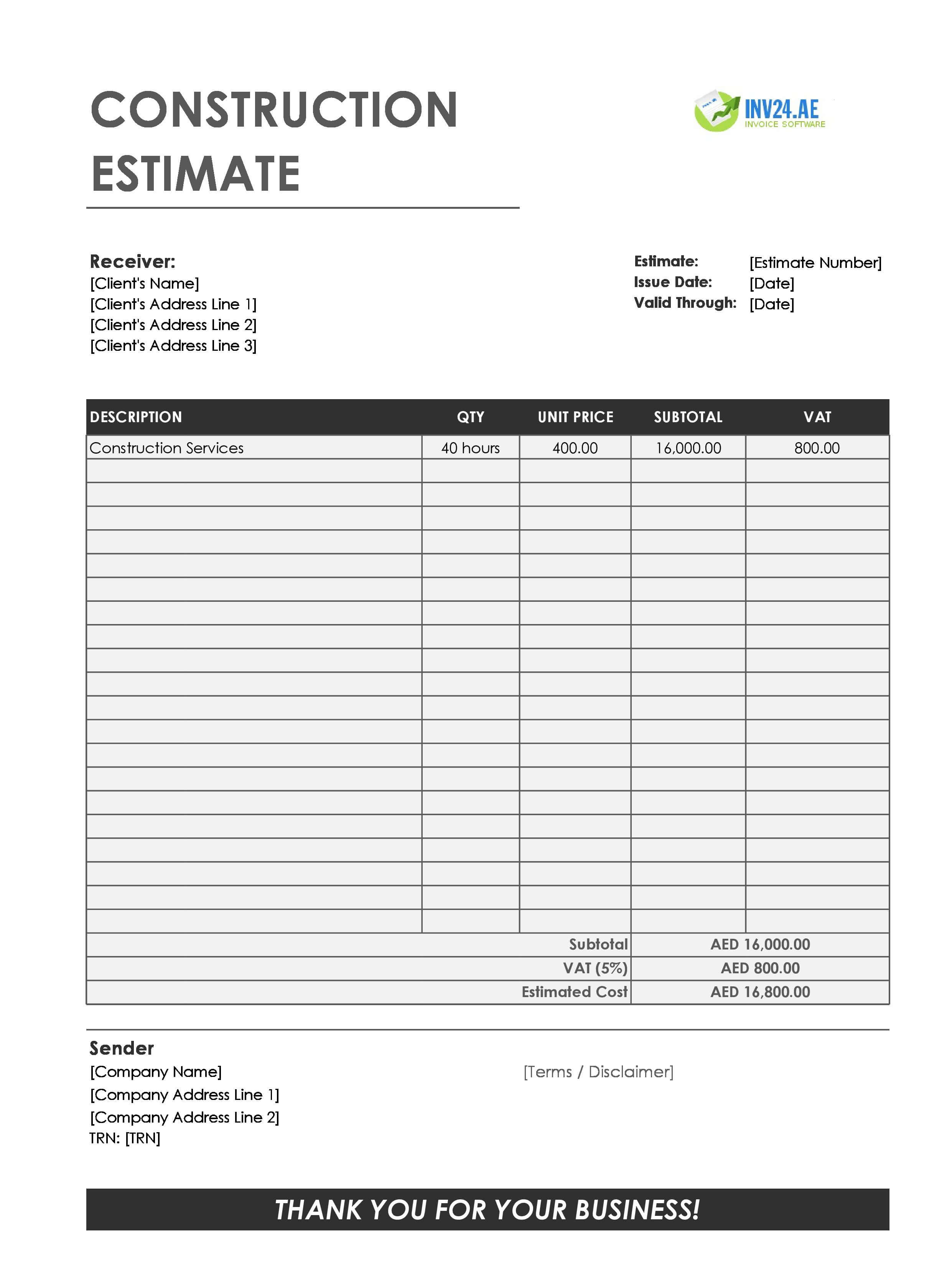 Construction Estimate Template for UAE (Excel / Google Sheets)