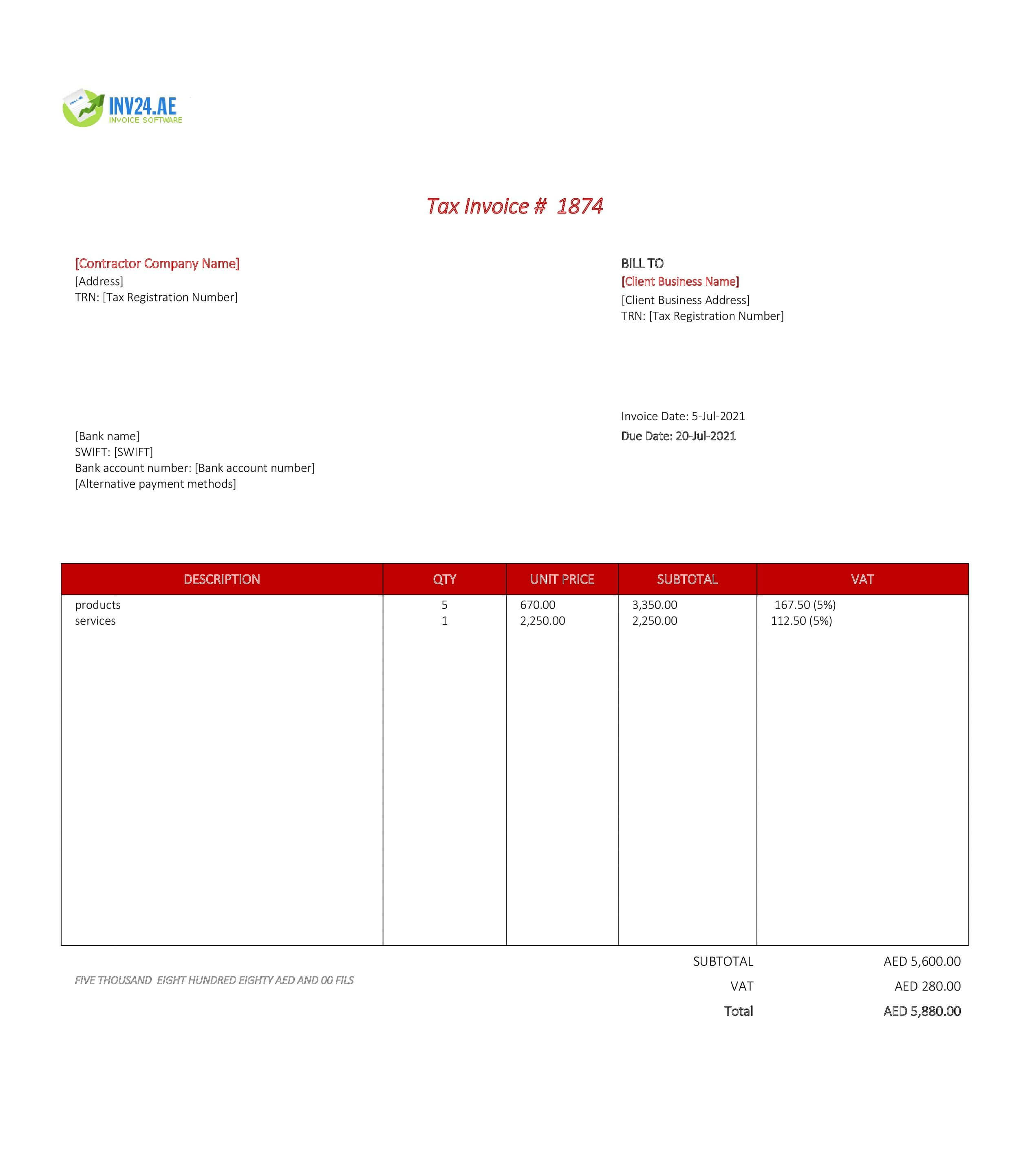 contractor invoice template uae