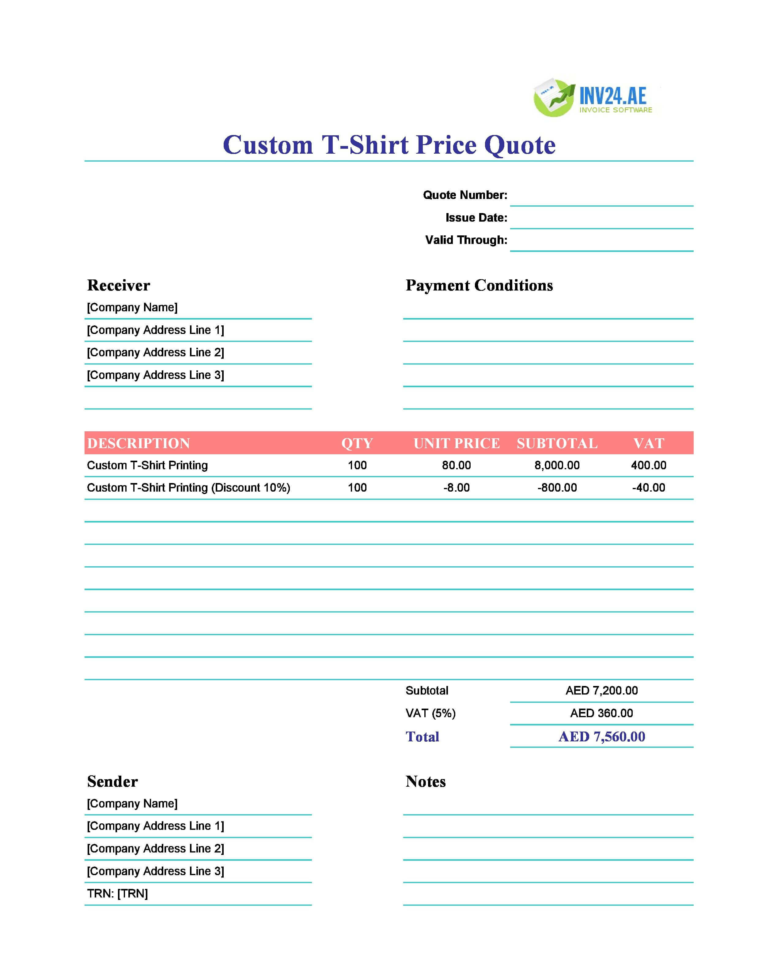 Custom T-Shirt Quote Template for UAE (Excel / Google Sheets)