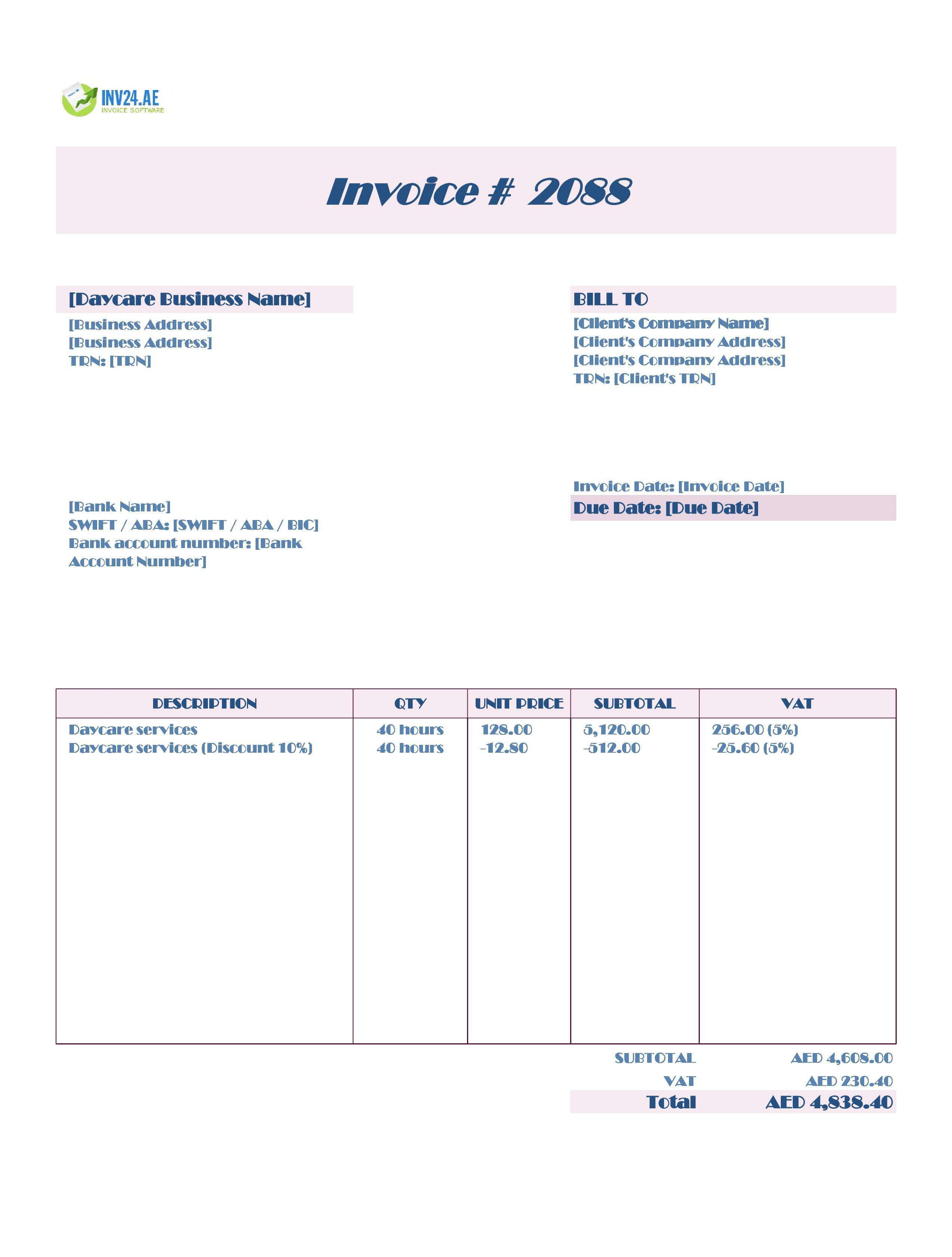Daycare Invoice Template for UAE (Excel / Google Sheets)