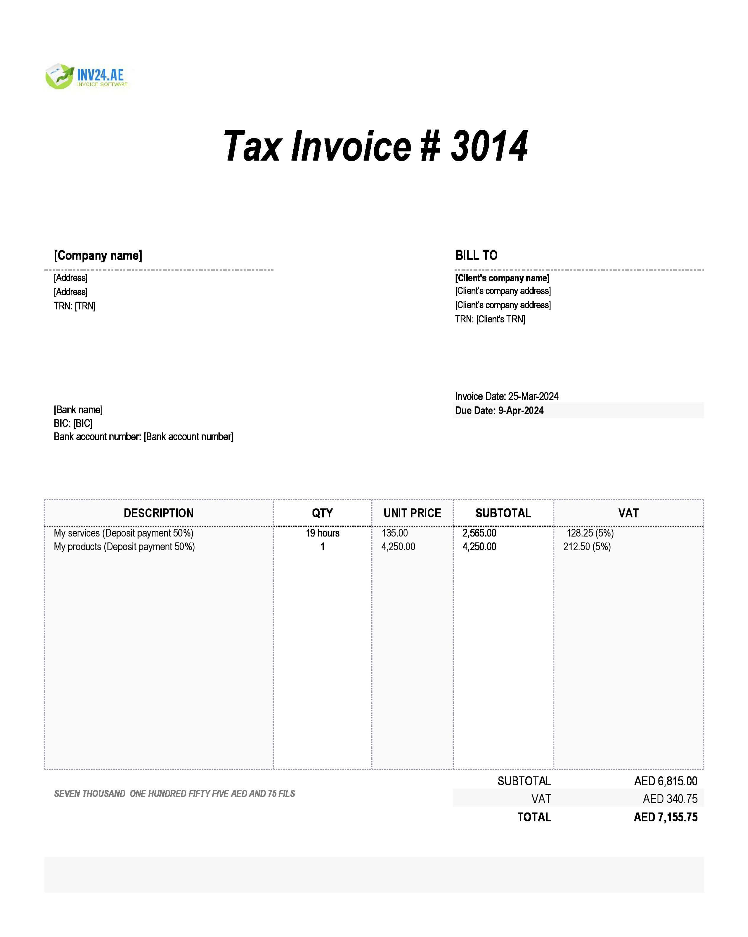 deposit invoice sample