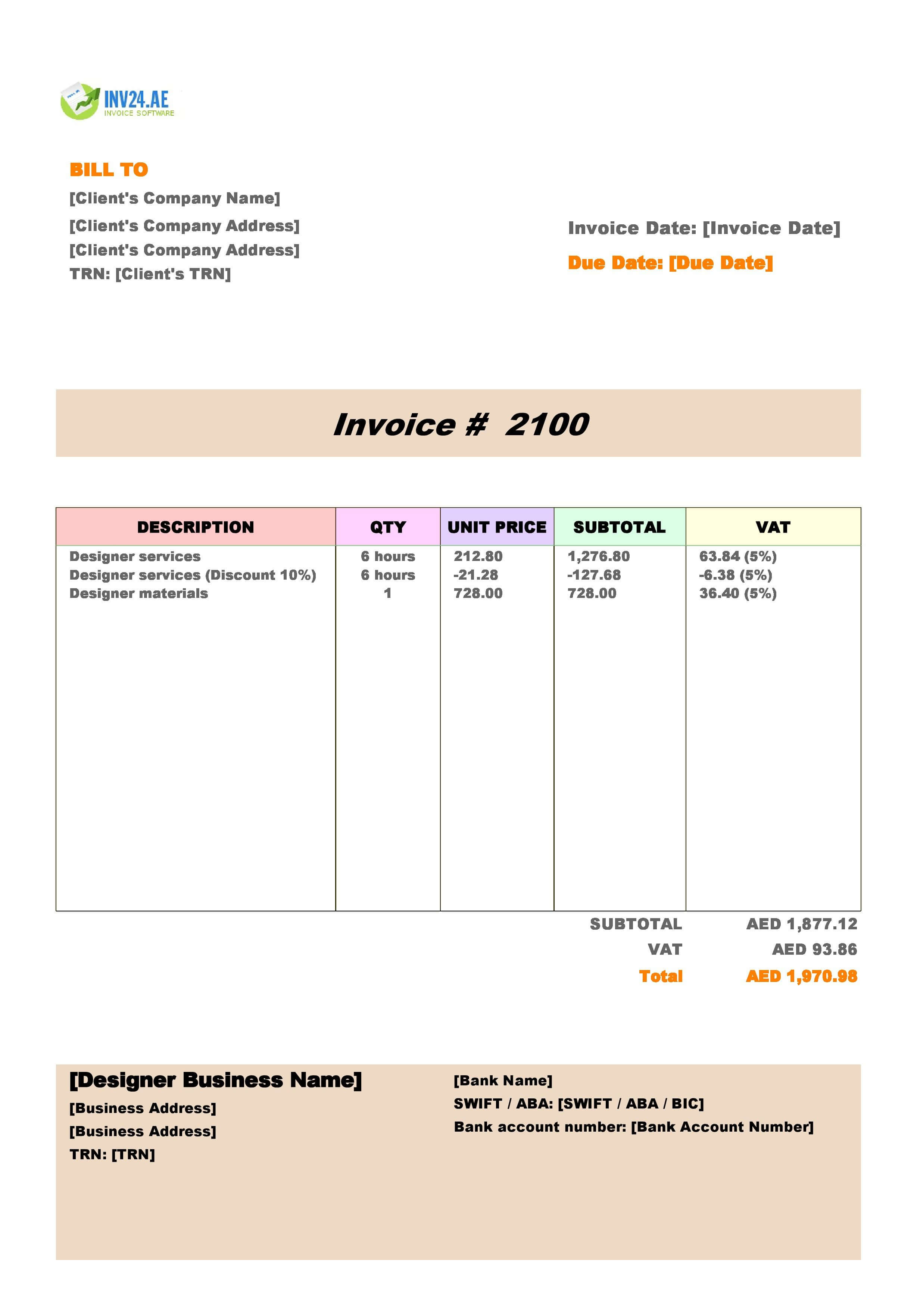 Designer Invoice Template for UAE (Excel / Google Sheets)
