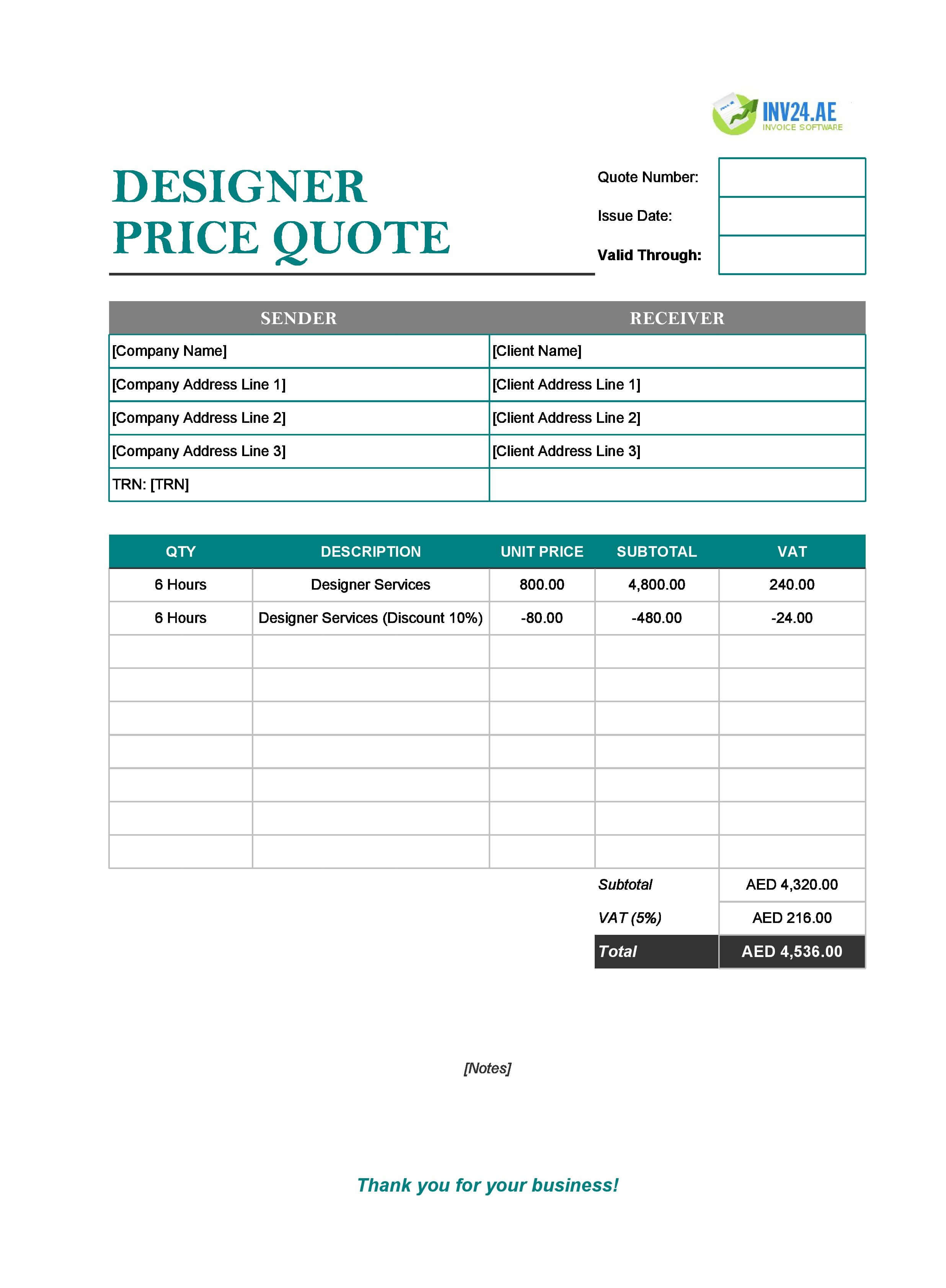 Designer Quote Template for UAE (Excel / Google Sheets)