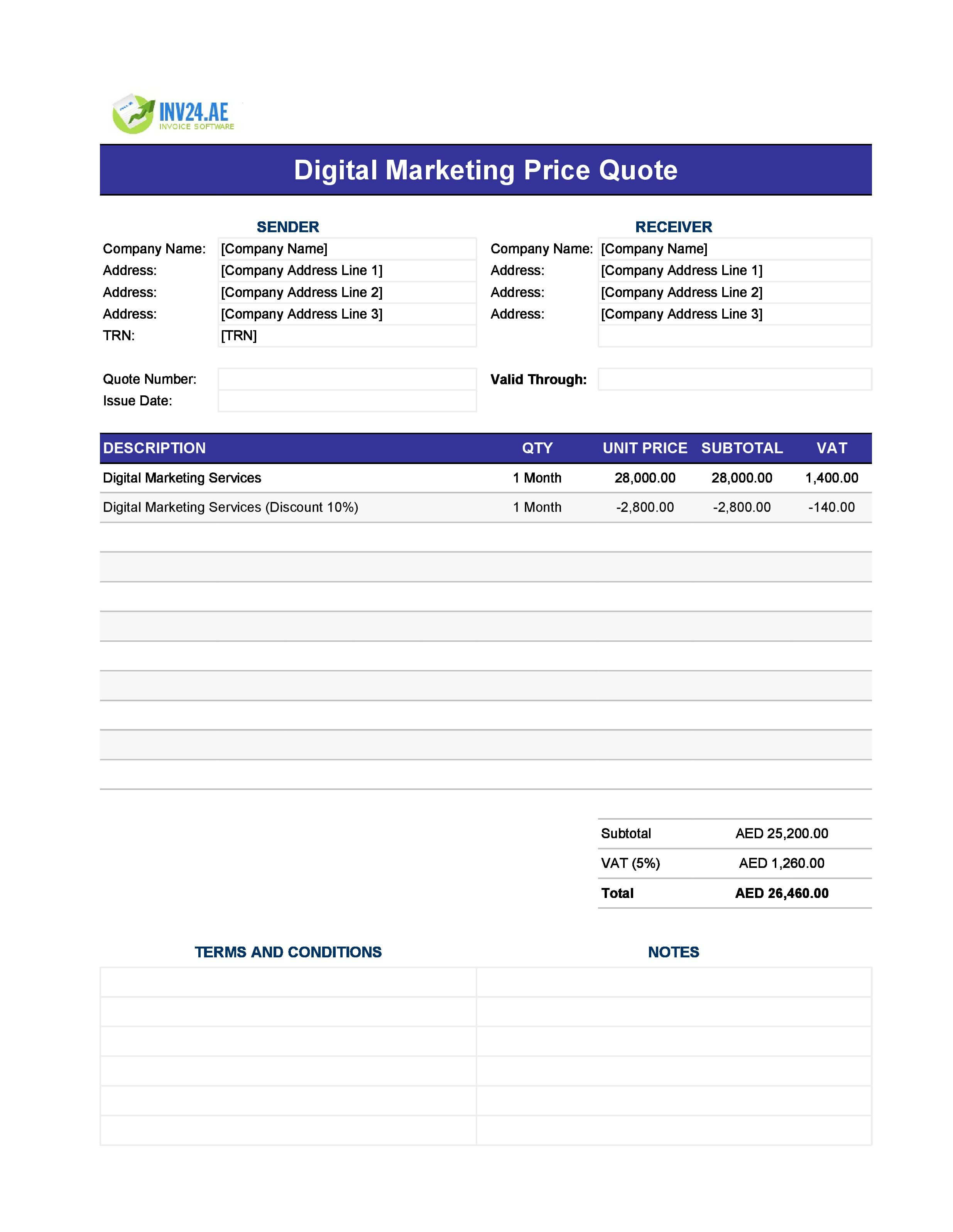 Digital Marketing Quote Template for UAE (Excel / Google Sheets)