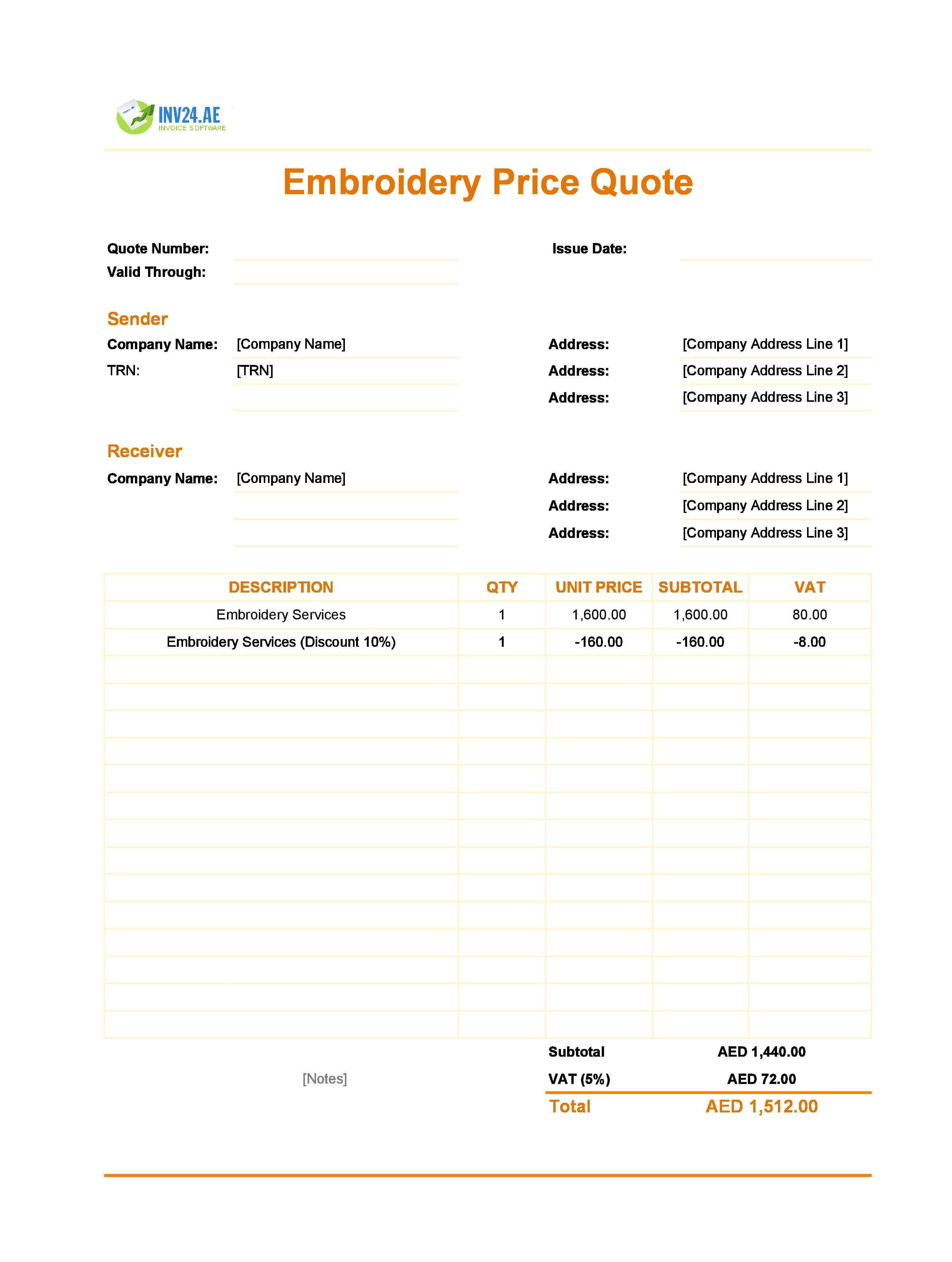 Embroidery Quote Template for UAE (Excel / Google Sheets)
