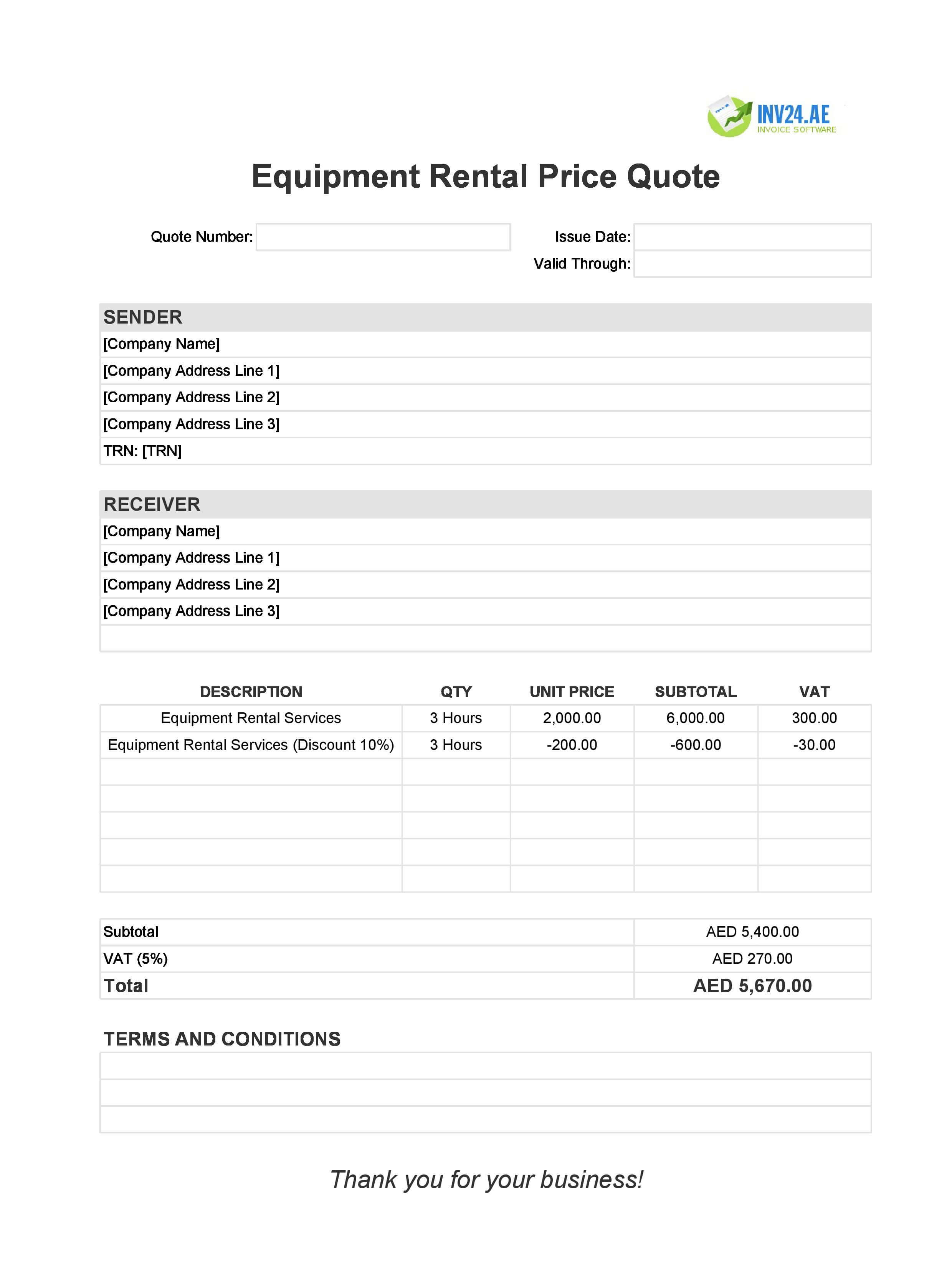 Equipment Rental Quote Template for UAE (Excel / Google Sheets)