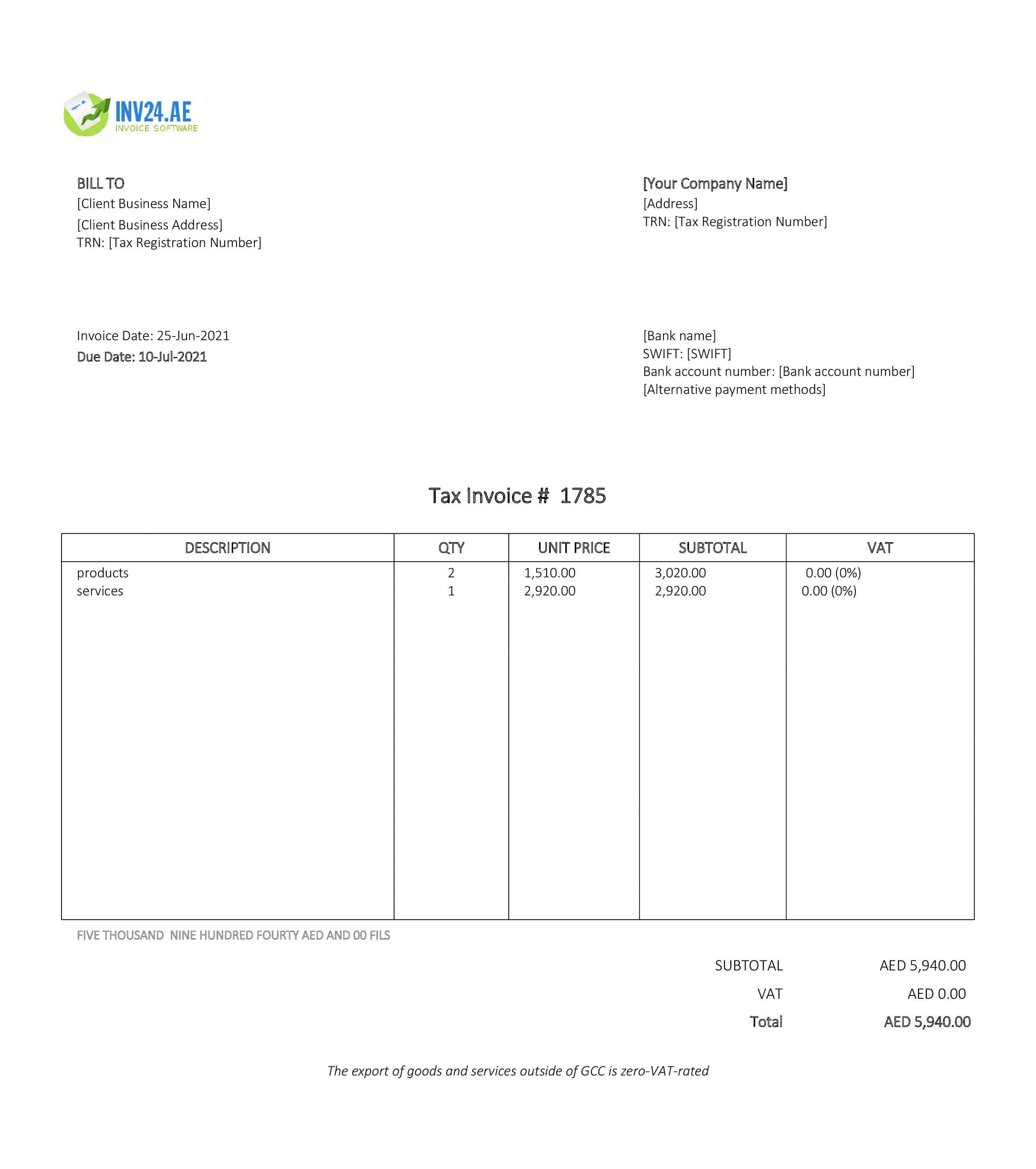 export invoice format uae