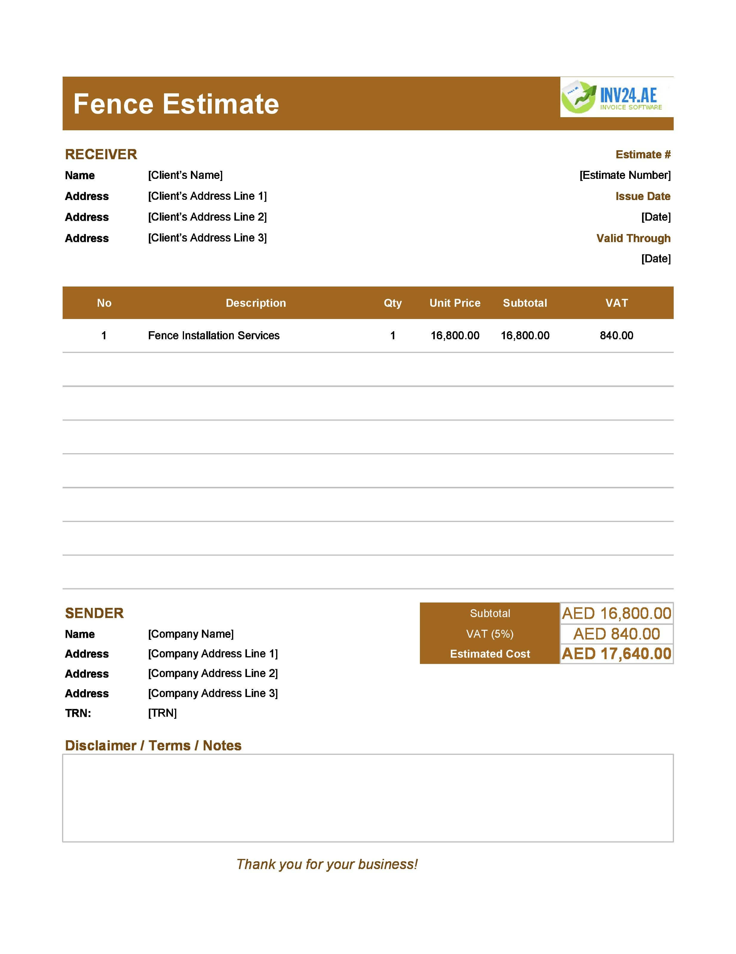 Fence Estimate Template for UAE (Excel / Google Sheets)