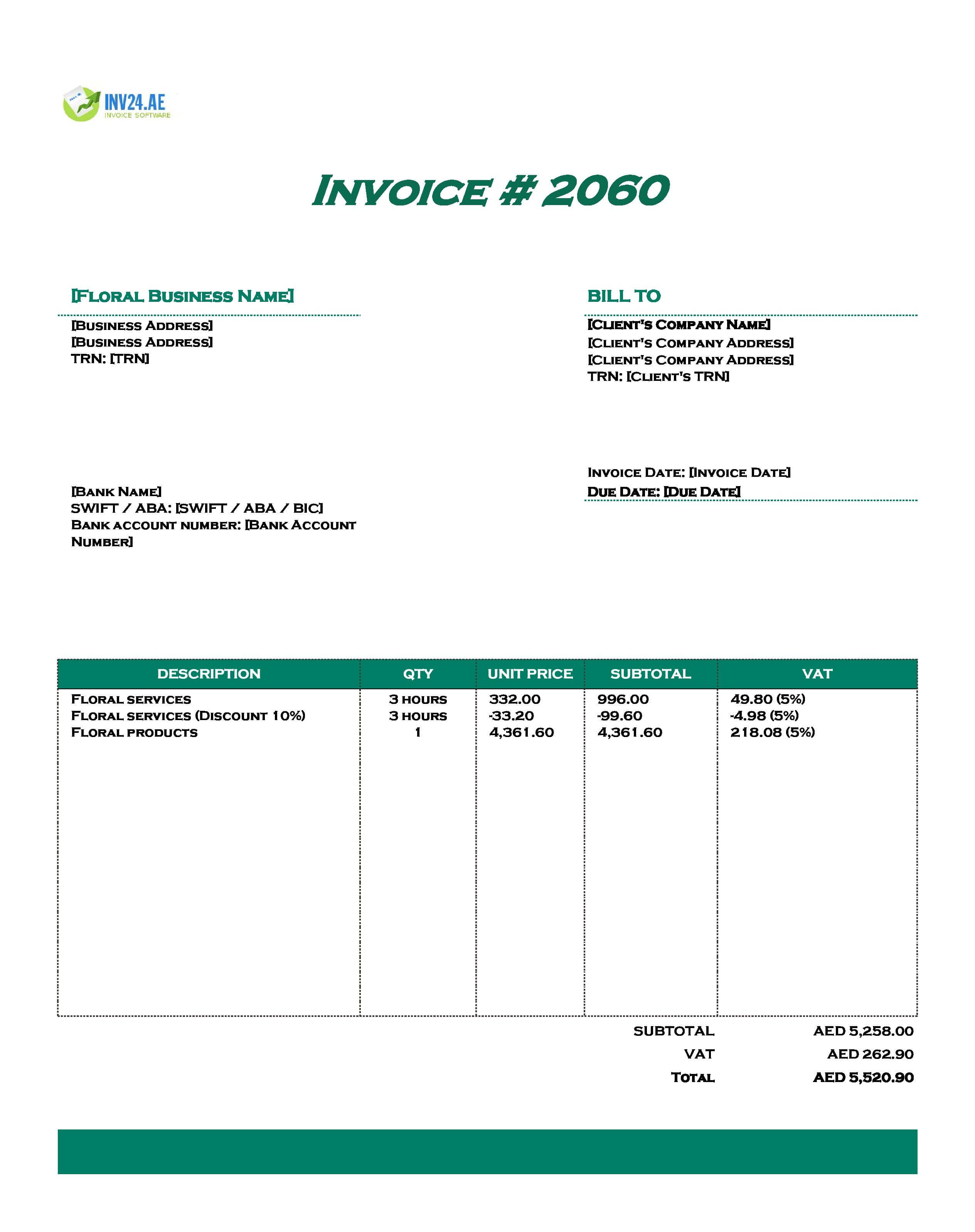 Floral Invoice Template for UAE (Excel / Google Sheets)