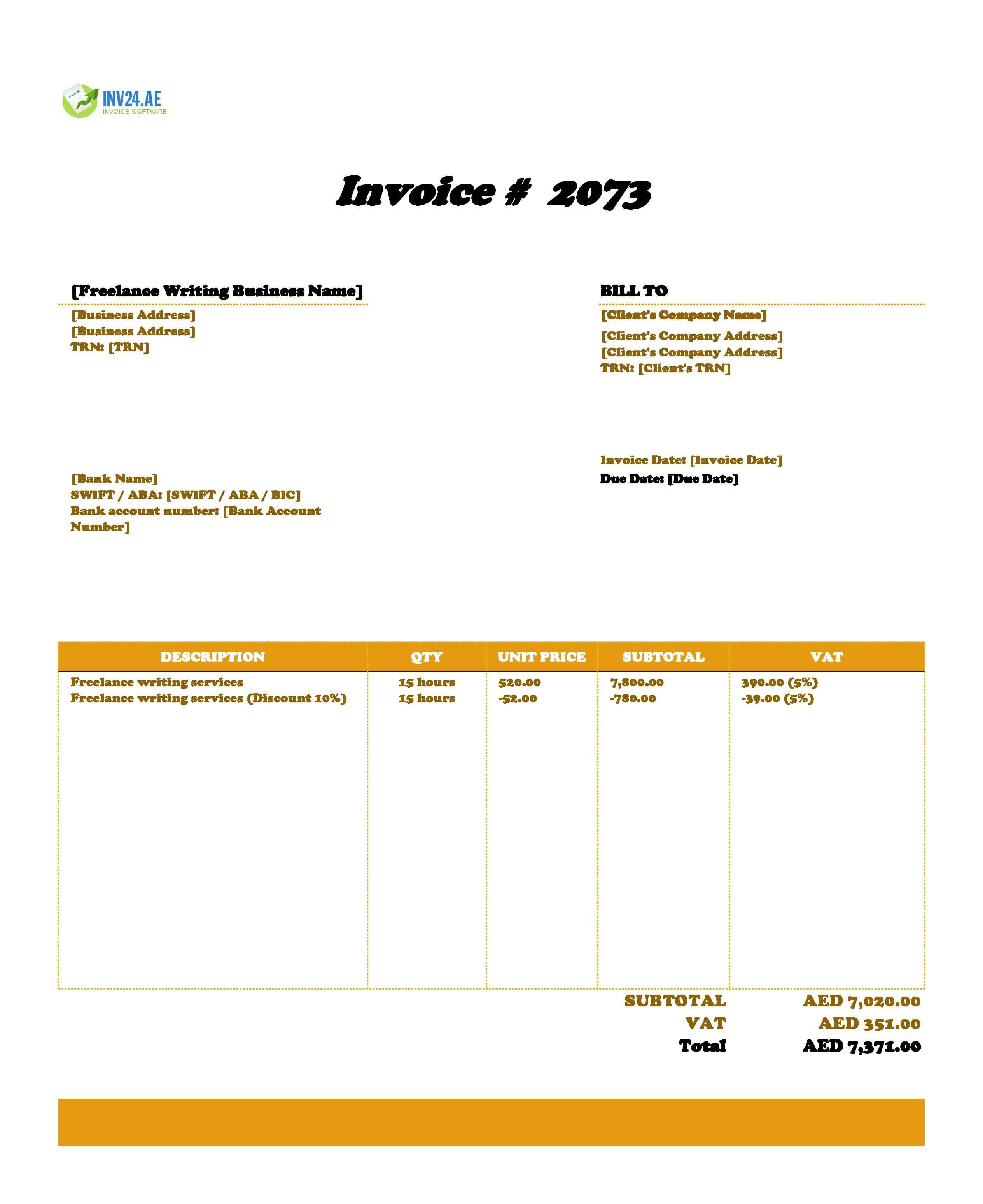 Freelance Writing Invoice Template for UAE (Excel / Google Sheets)