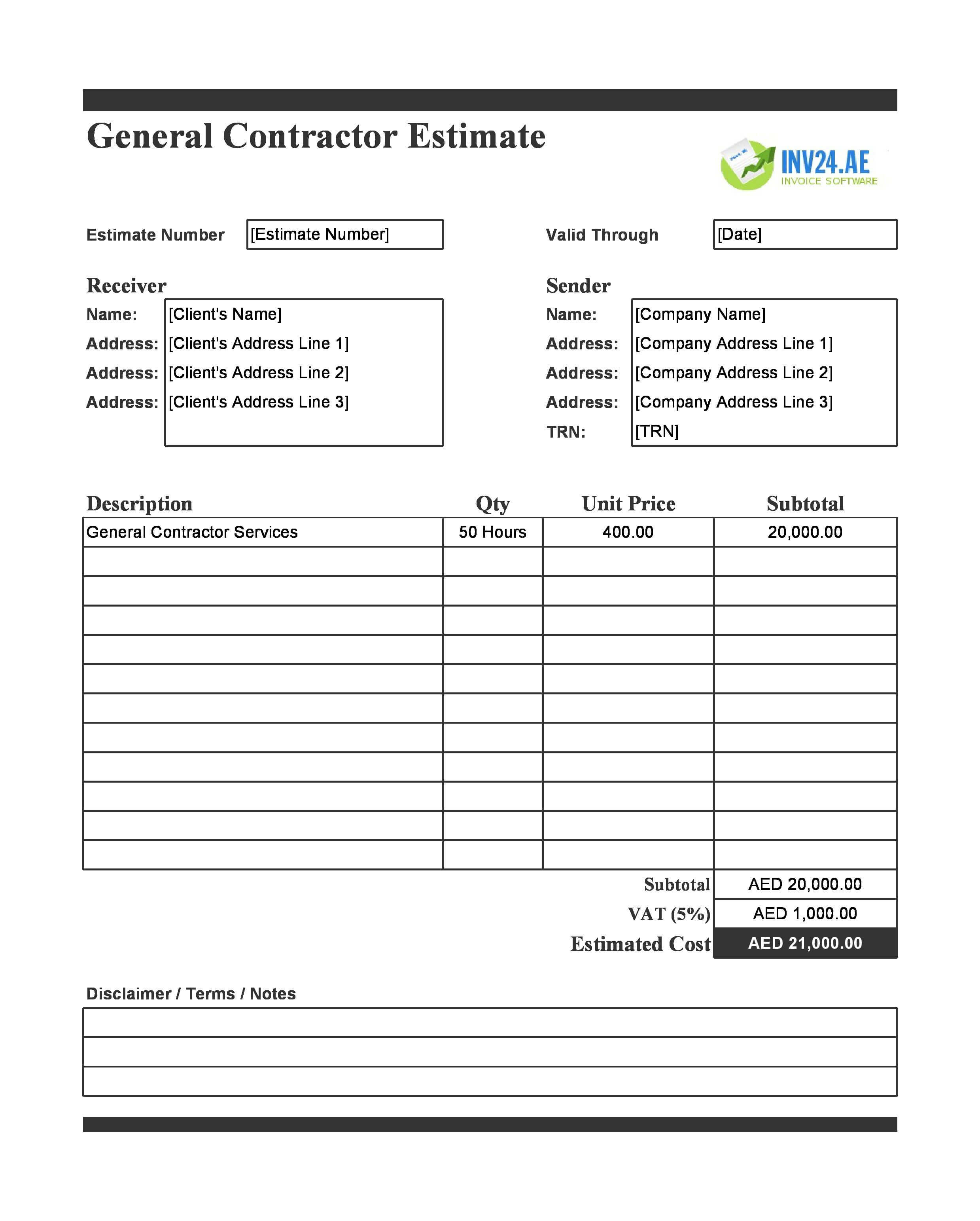 General Contractor Estimate Template for UAE (Excel / Google Sheets)