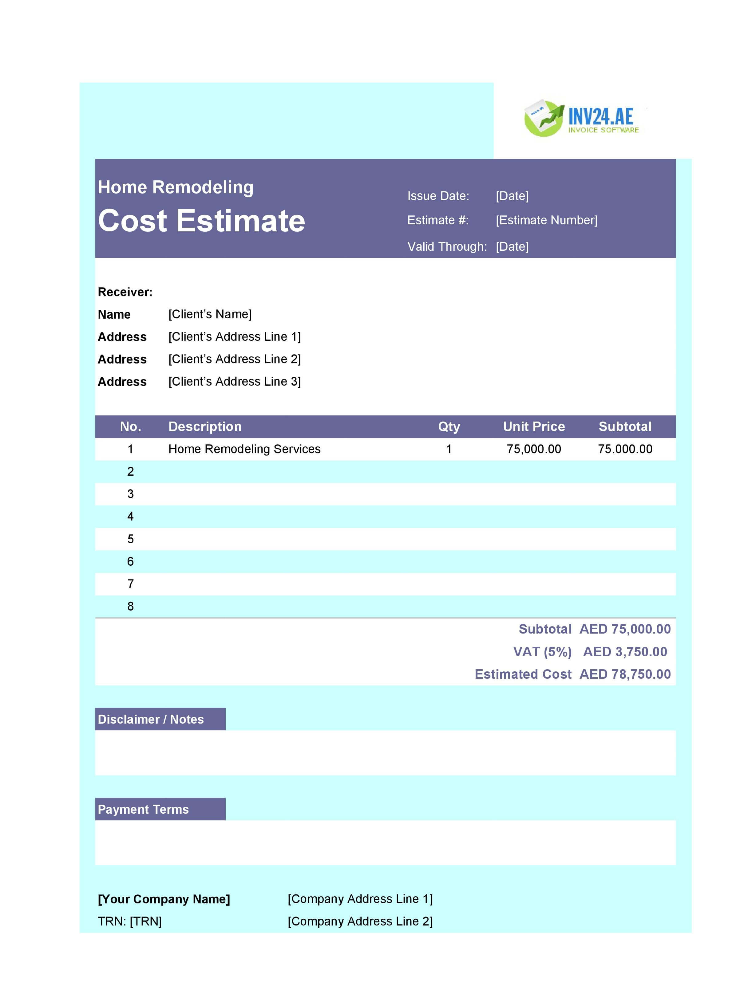 Home Remodeling Cost Estimate Template for UAE (Excel / Google Sheets)