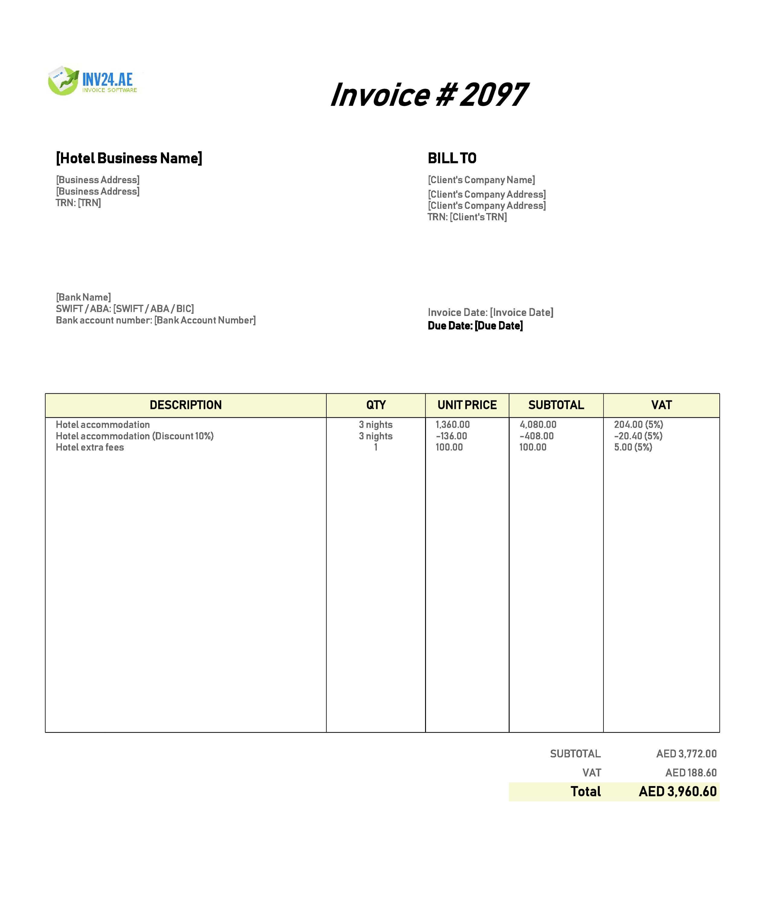 Hotel Invoice Template for UAE (Excel / Google Sheets)