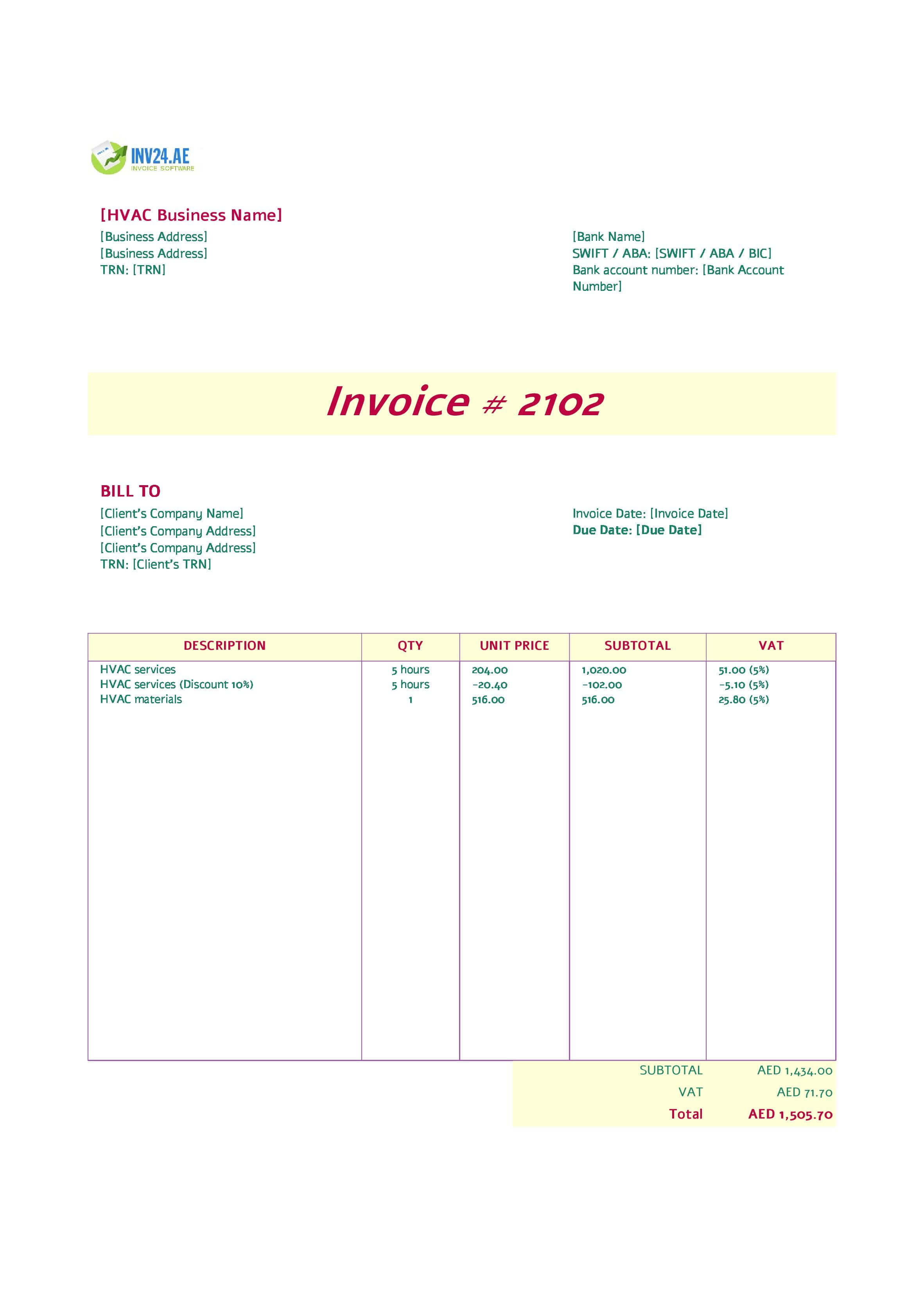 HVAC Invoice Template for UAE (Excel / Google Sheets) HVAC Invoice Template for UAE (Excel / Google Sheets)
