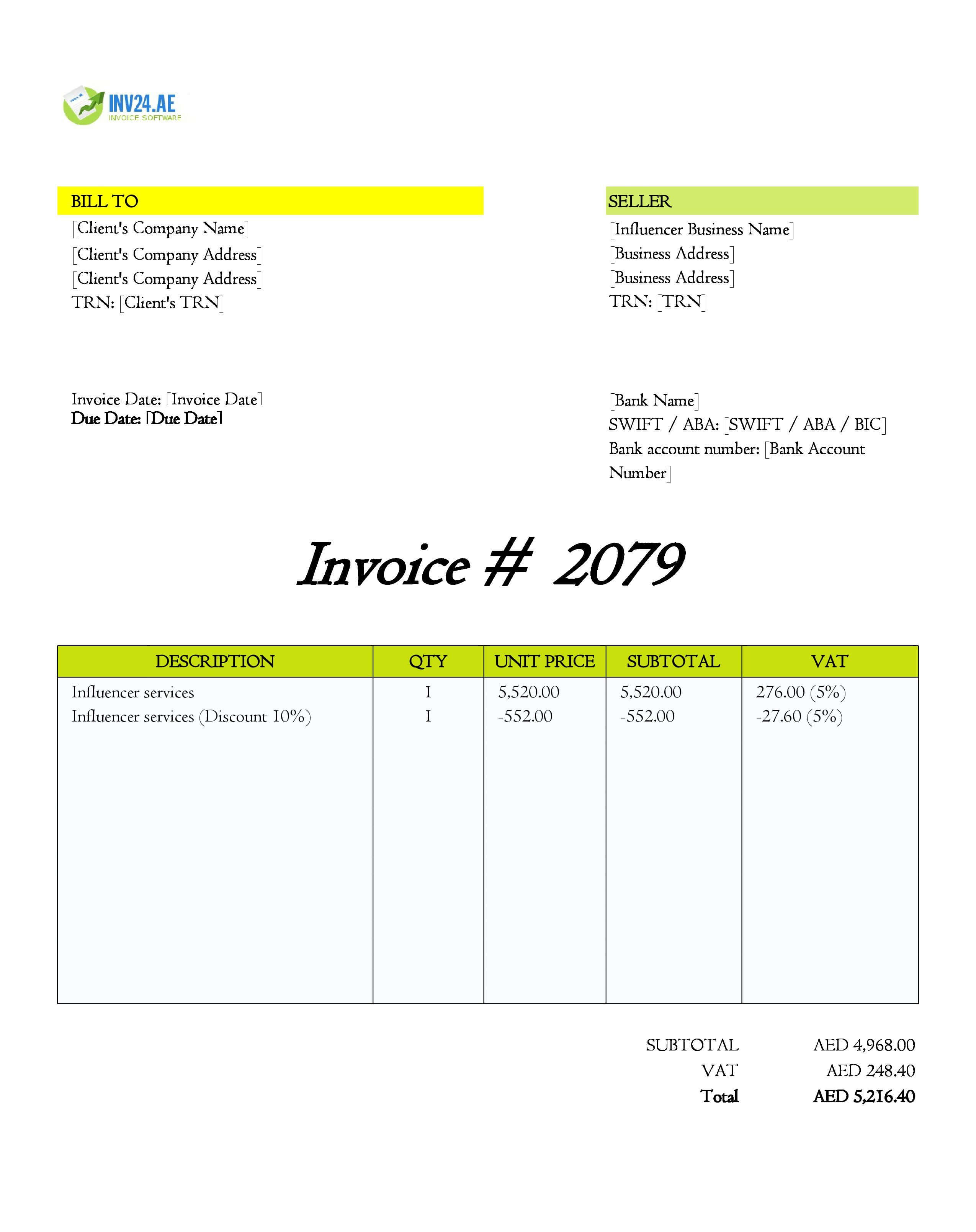 Influencer Invoice Template for UAE (Excel / Google Sheets)